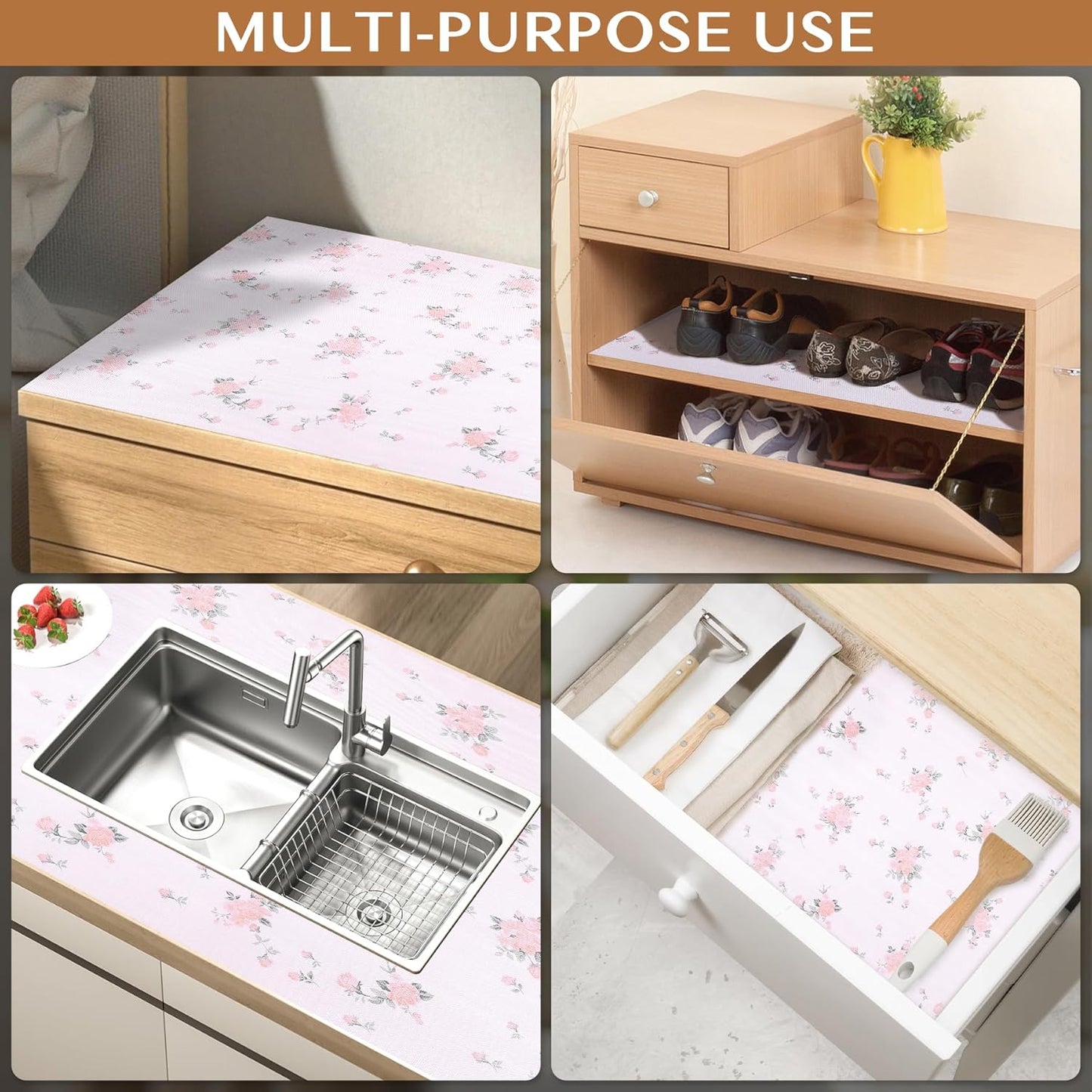 Non-Adhesive Shelf and Drawer Liner for Kitchen Cabinets, 12 in x 10FT Strong Non-Slip Cabinet Liners for Shelves, Refrigerator, Pantry Storage, Bathroom Closet, Easy to Clean, Floral