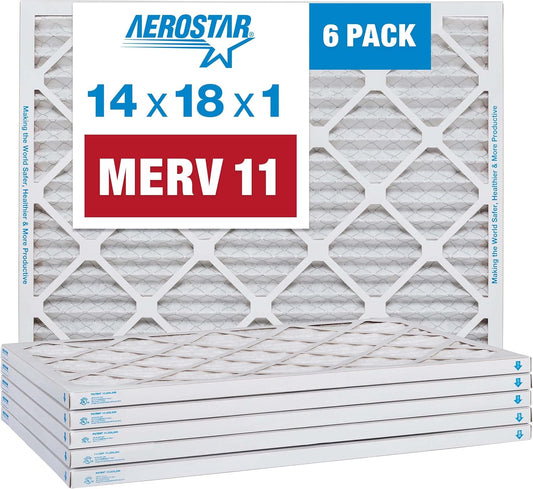 Aerostar 14x18x1 MERV 11-6 Count - Pleated Furnace & Air Conditioner Filters - Removes Dust, Cold & Flu Germs, Lint, Mold, Pet Dander, Allergy-Causing Pollen, Smog & Smoke