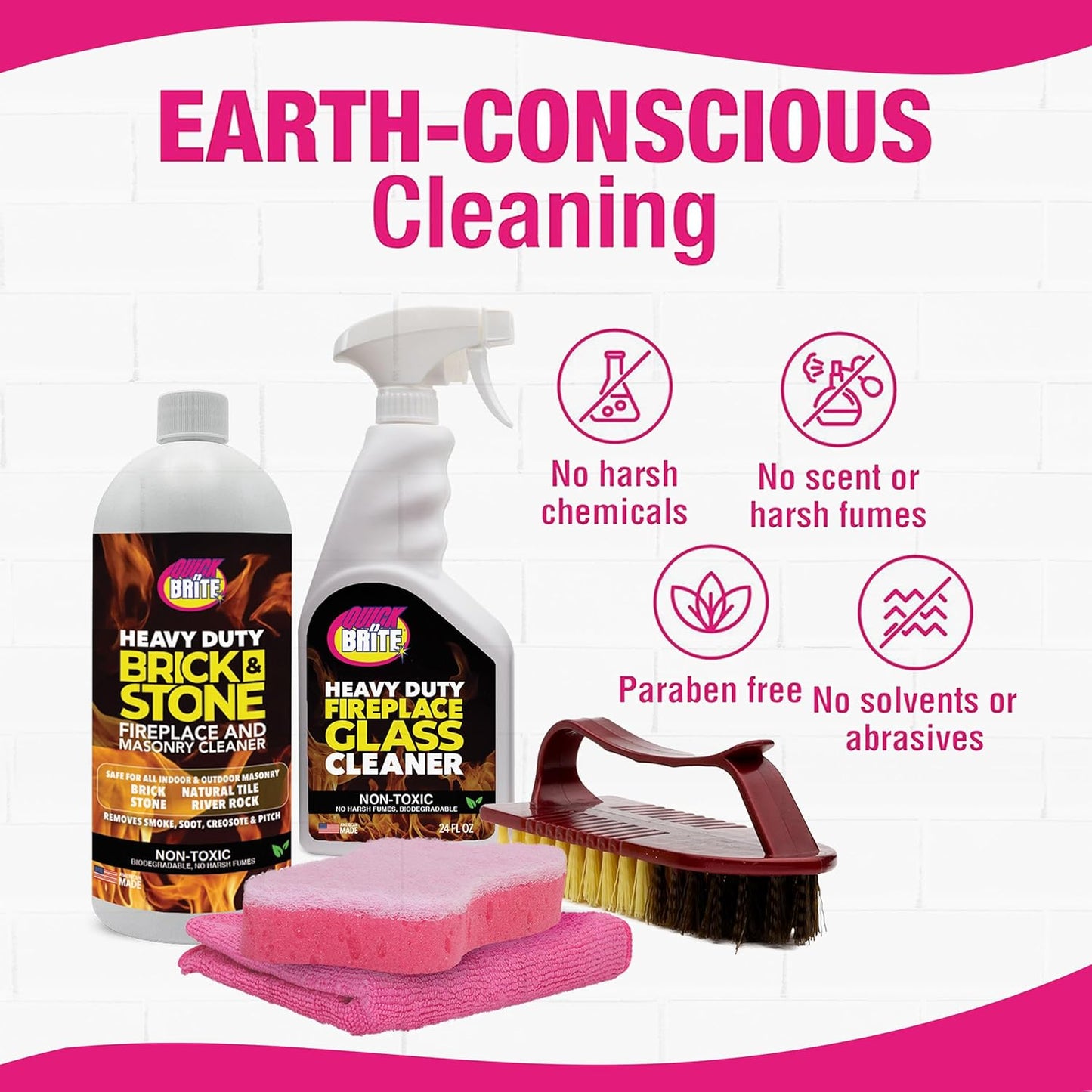 Quick N Brite Fireplace Cleaning Kit – Includes 24 oz Fireplace Glass Cleaner, 32 oz Gel Fireplace Cleaner, Scrub Brush, Sponge and Microfiber Towel