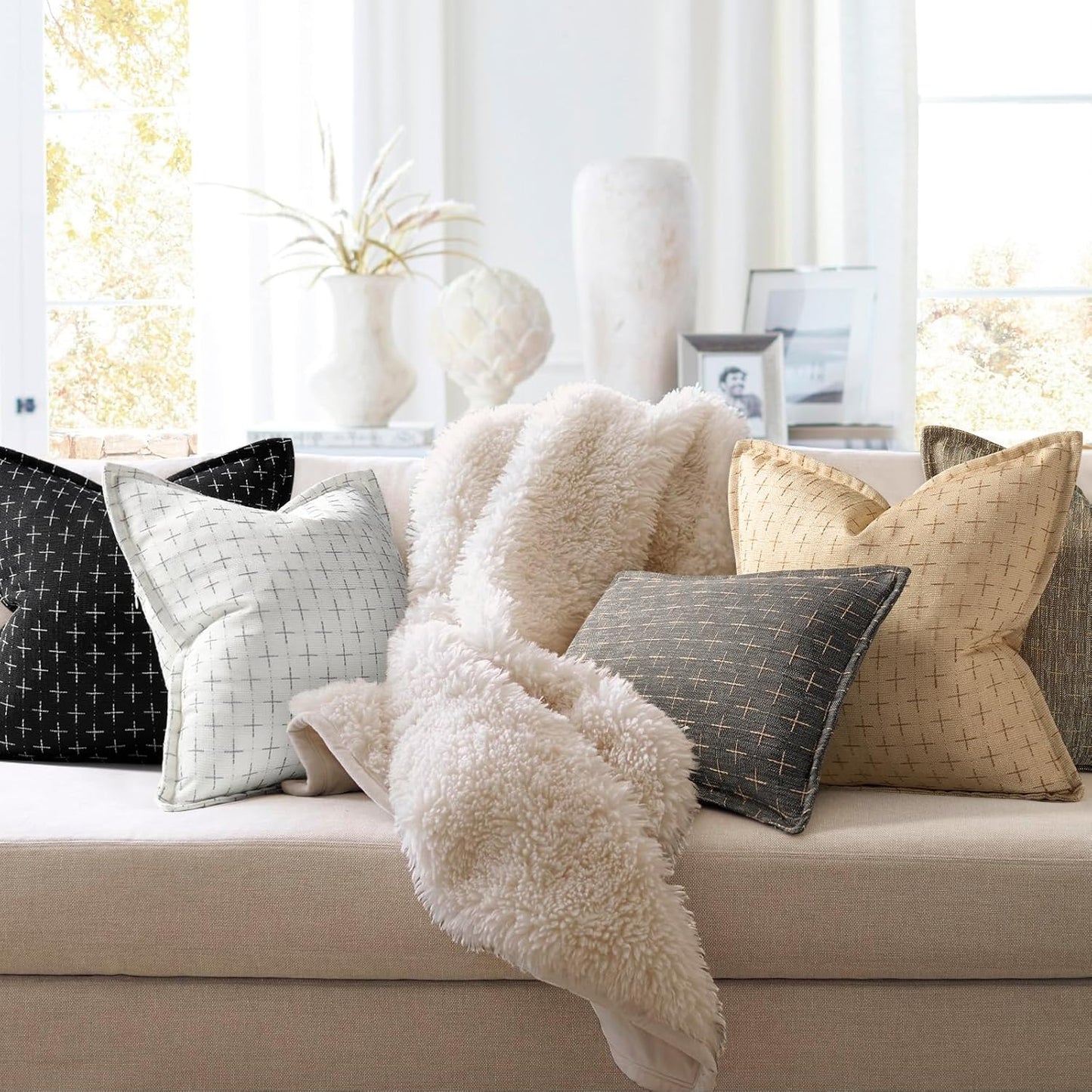 ZWJD Pillow Covers 24x24 Set of 2 Soft Polyester Textured Pillow Covers with Stylish Flange Edge Cozy Farmhouse Throw Pillows for Couch Bed Sofa Living Room