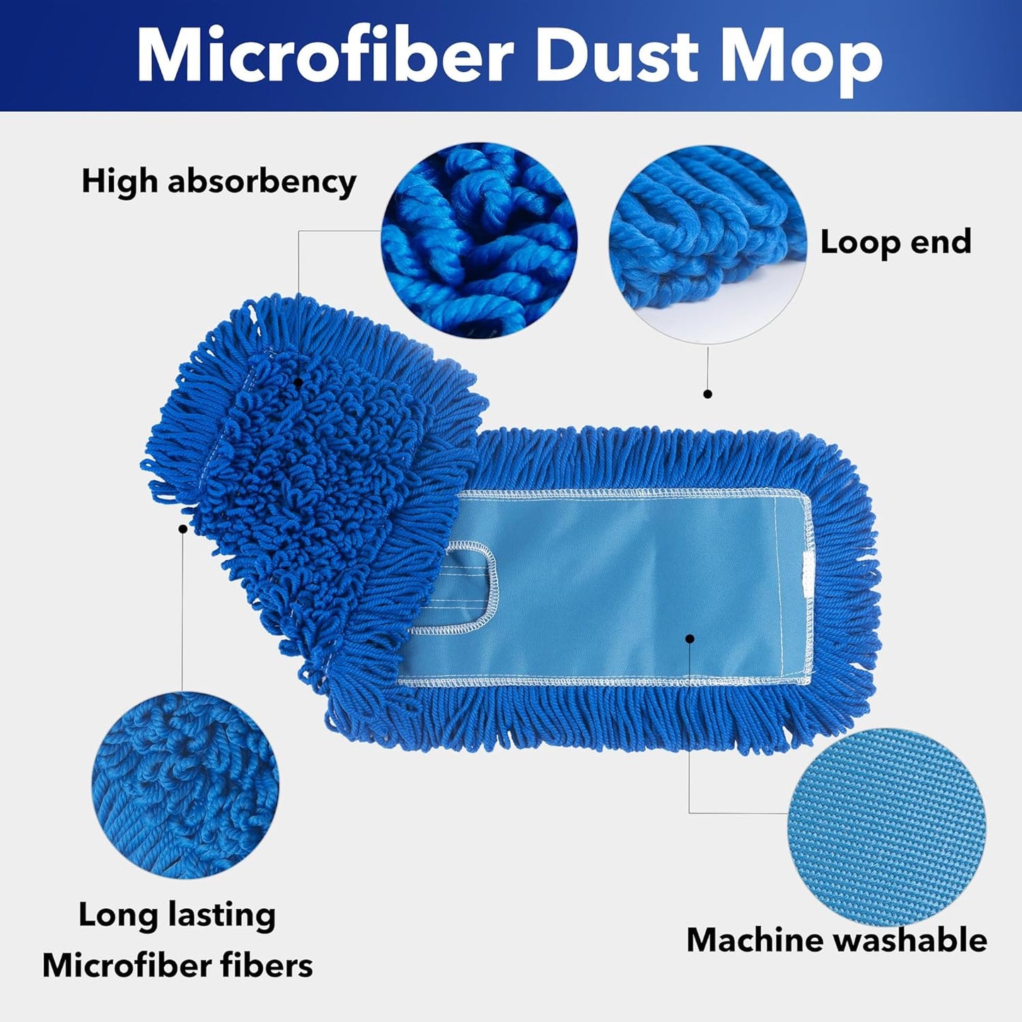 Matthew 24'' Microfiber Loop Dust Mop Washable Commercial&Residential Heavy Duty Mop Head Replacement Premium Absorbent Industrial Dust Mop Refill Pads for Hardwood, Office,Garage and Hotel -3Pack