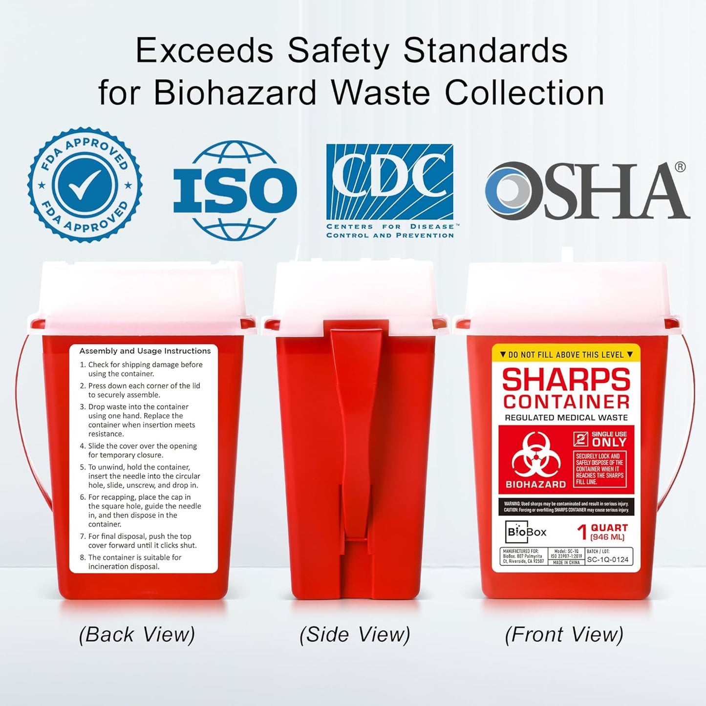 Sharps Container Large - Sharps Containers for Home Use and Labs - Portable Needle Disposal and Travel Size Biohazard Bin - 1 Quart (Pack of 5)