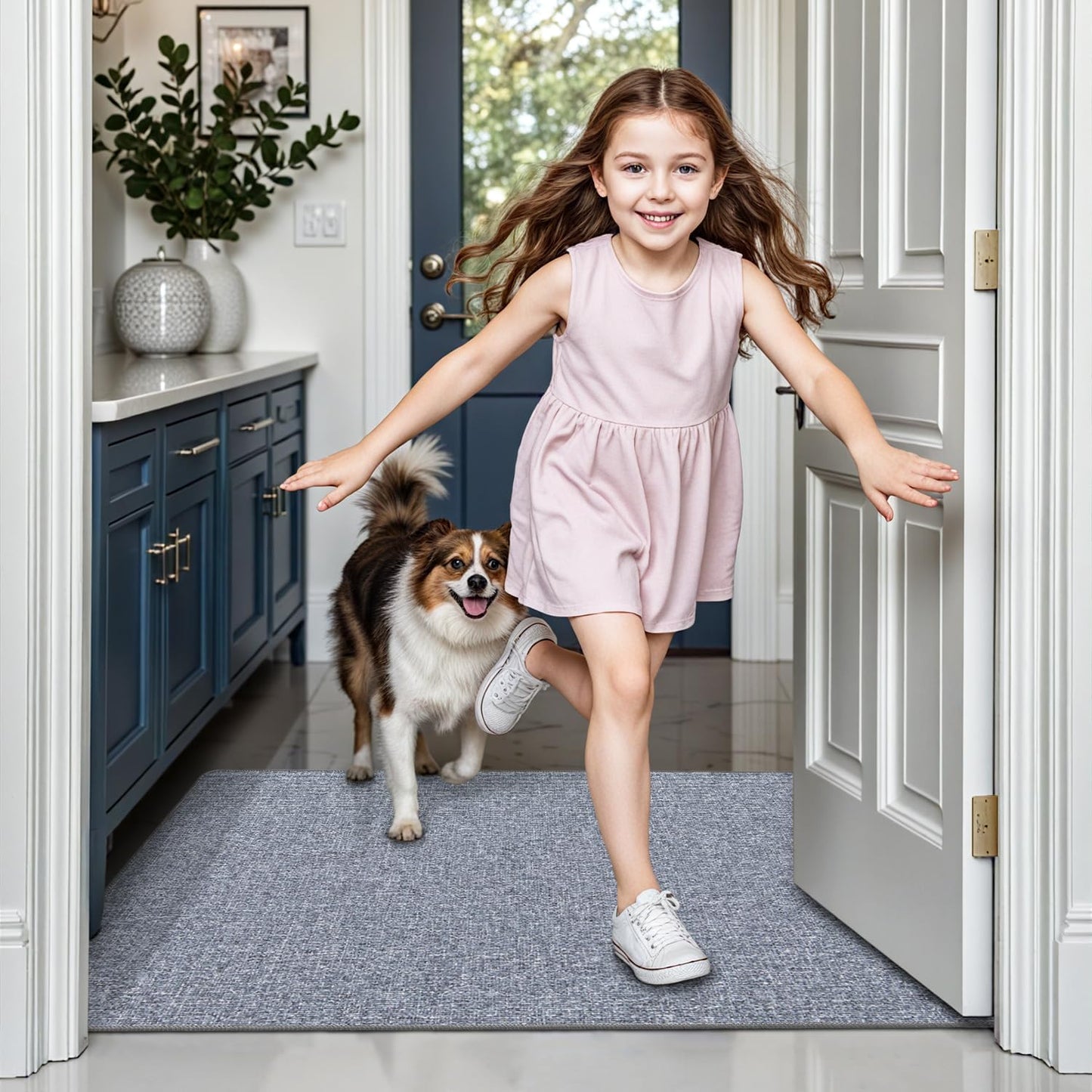 LUMI Ultra Thin Door Mat for Entryway, Low Profile Non Slip Rubber Backing Indoor Doormat, Easy Clean Welcome Entrance Mat for Inside House, Patio, Light Grey 20"x32"