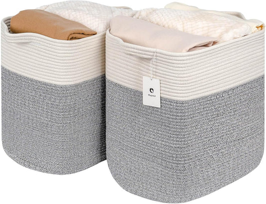 Storage Baskets for Clothes Fabric Cotton Rope Storage Basket with Handles, Decorative Woven Basket for Living Room,Closet Organizer Blankets, and 2bags (Silver Gray, L17.8×W12.5×H17.9)