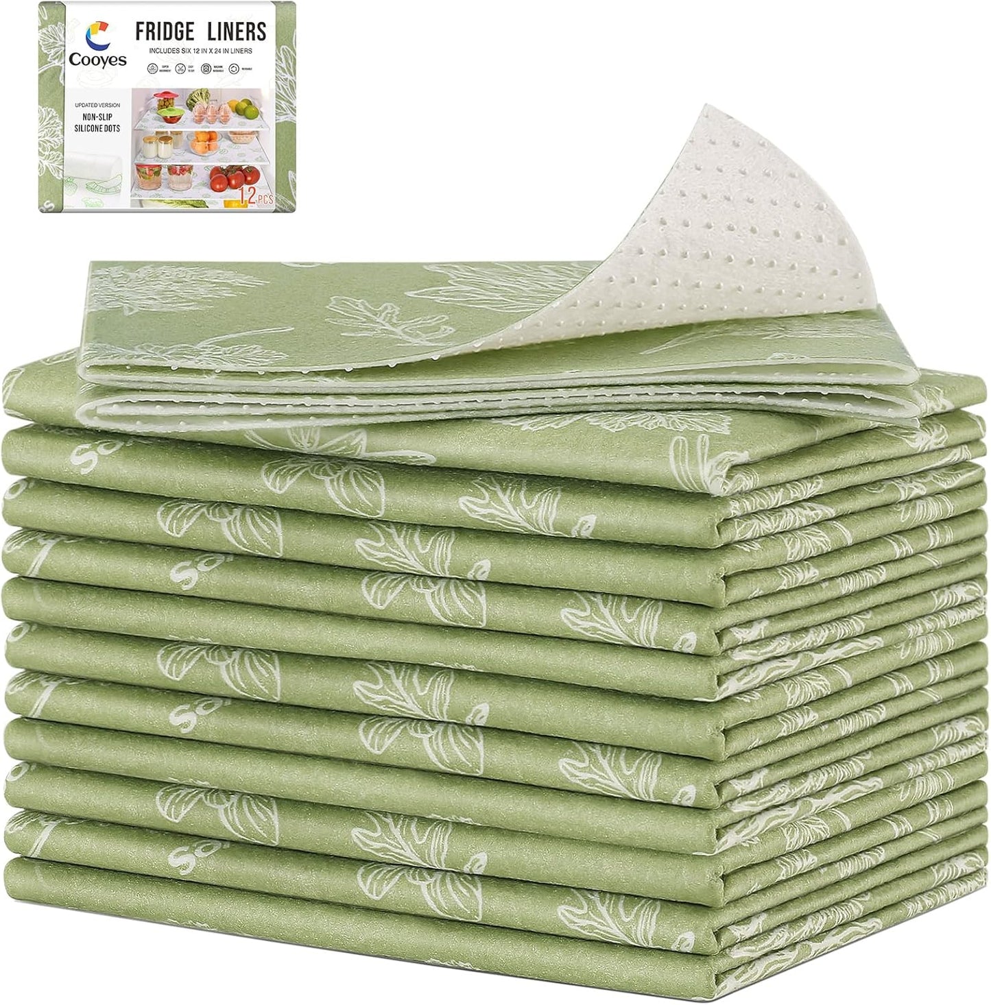 Cooyes Large Refrigerator Liners for Shelves, 12 Pack, 17.7" × 36", Fridge Drawer & Shelf Liners for Kitchen Cabinets Non-Adhesive, Breathable Cloth Material, Keep Produce Fresh Longer, Sage Green
