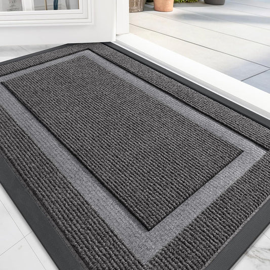 OLANLY Front Door Mat Indoor Outdoor Entrance, Waterproof All-Season, All-Weather Doormat, Sturdy Natural Rubber, Fade Resistant, Low Profile, Easy Clean Patio Porch Entryway Mat, 59x23, Dark Grey