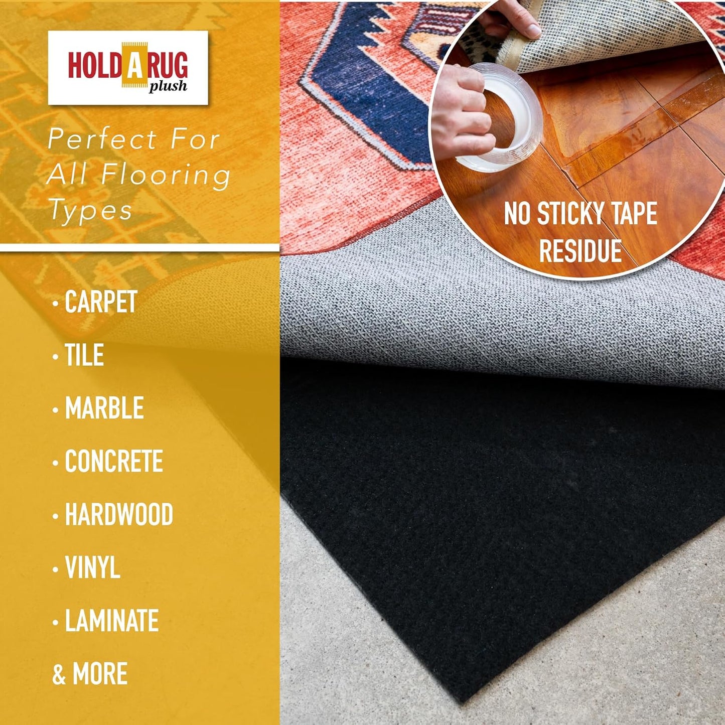 Hold-a-Rug Plush 5' x 8' Nonskid, Nonslip Rug Pad, Reversible Gripper, ¼ Thick, Safe for All Floors and Carpet, Keep Area Rugs Secure