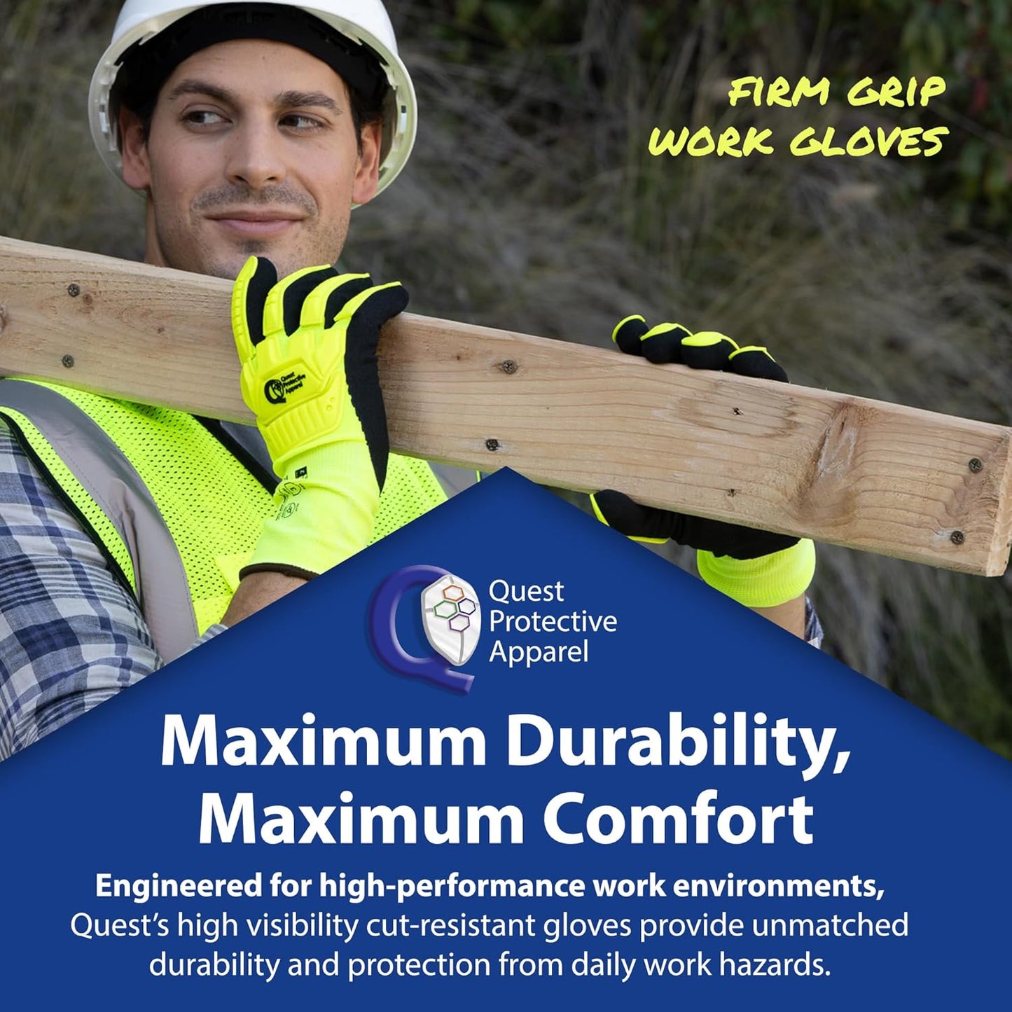 Quest Protective Apparel - High Visibility Cut Resistant Work Gloves - Puncture Resistant Safety Gloves for Men and Women Medium, 1 Pair