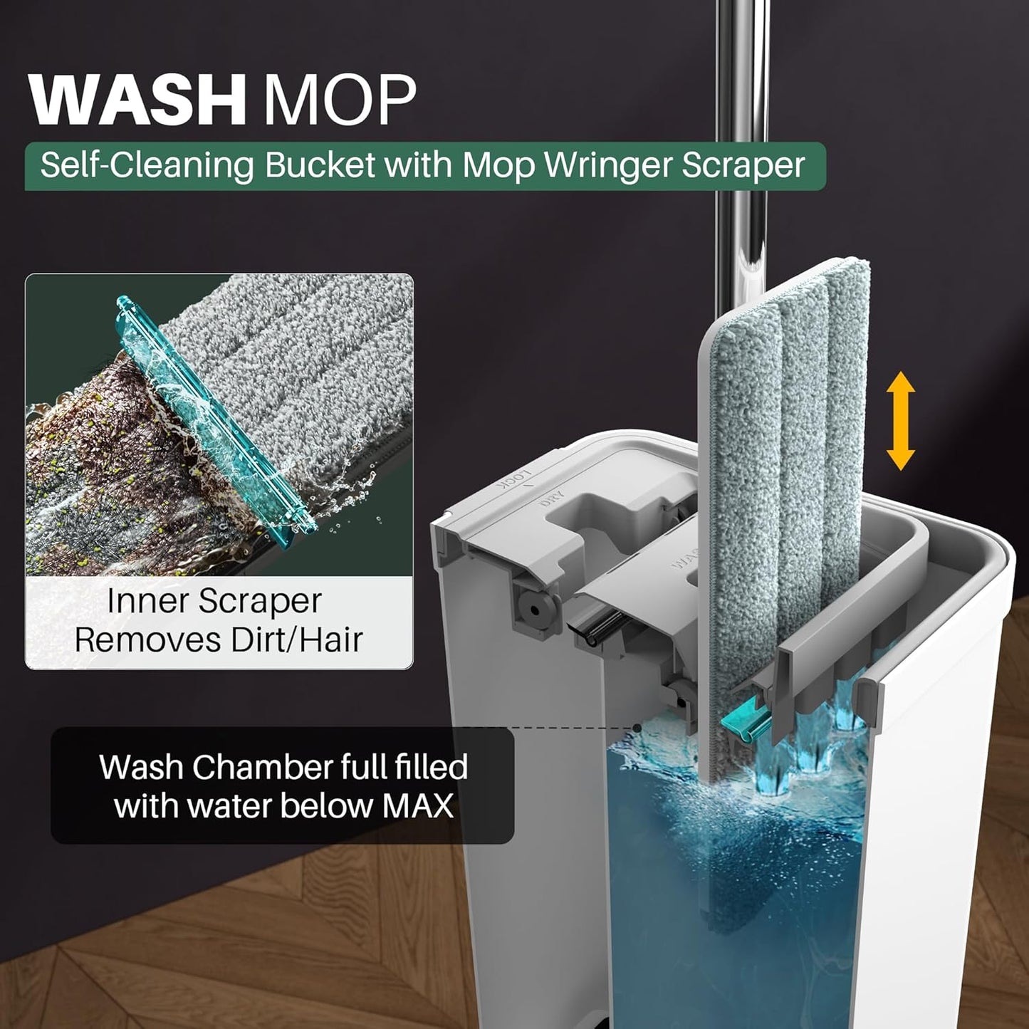 JOYMOOP Mop and Bucket Set with Wringer, Flat Mops for Floor Cleaning, Wall Mop Cleaner with Long Handle, Hardwood Floor Mop with 6 Microfiber Pads
