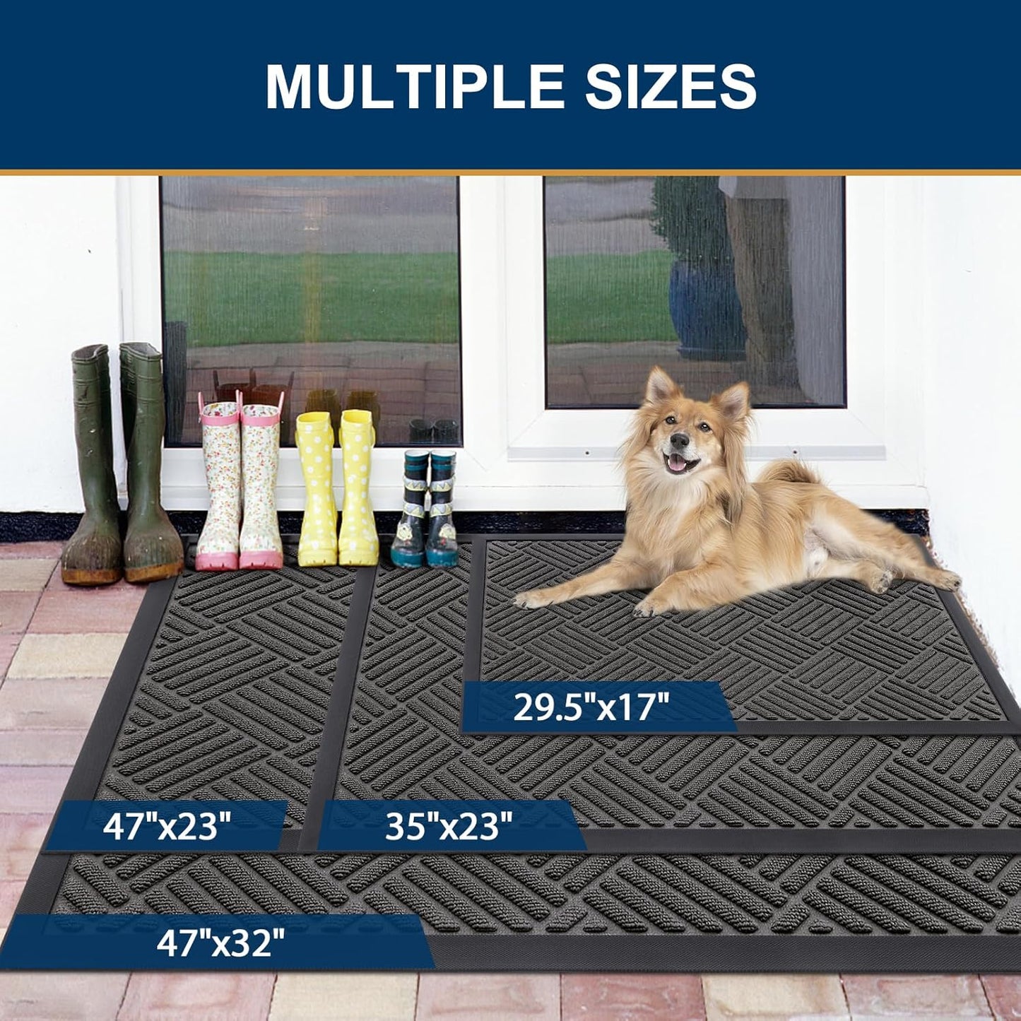 Smiry Front Door Mat Outside Entrance, Heavy Duty Outdoor Indoor Natural Rubber Doormat, Non Slip, Trap Dirt and Moisture, Easy Clean, Low Profile Patio Porch Entryway Mat, 47x23, Grey