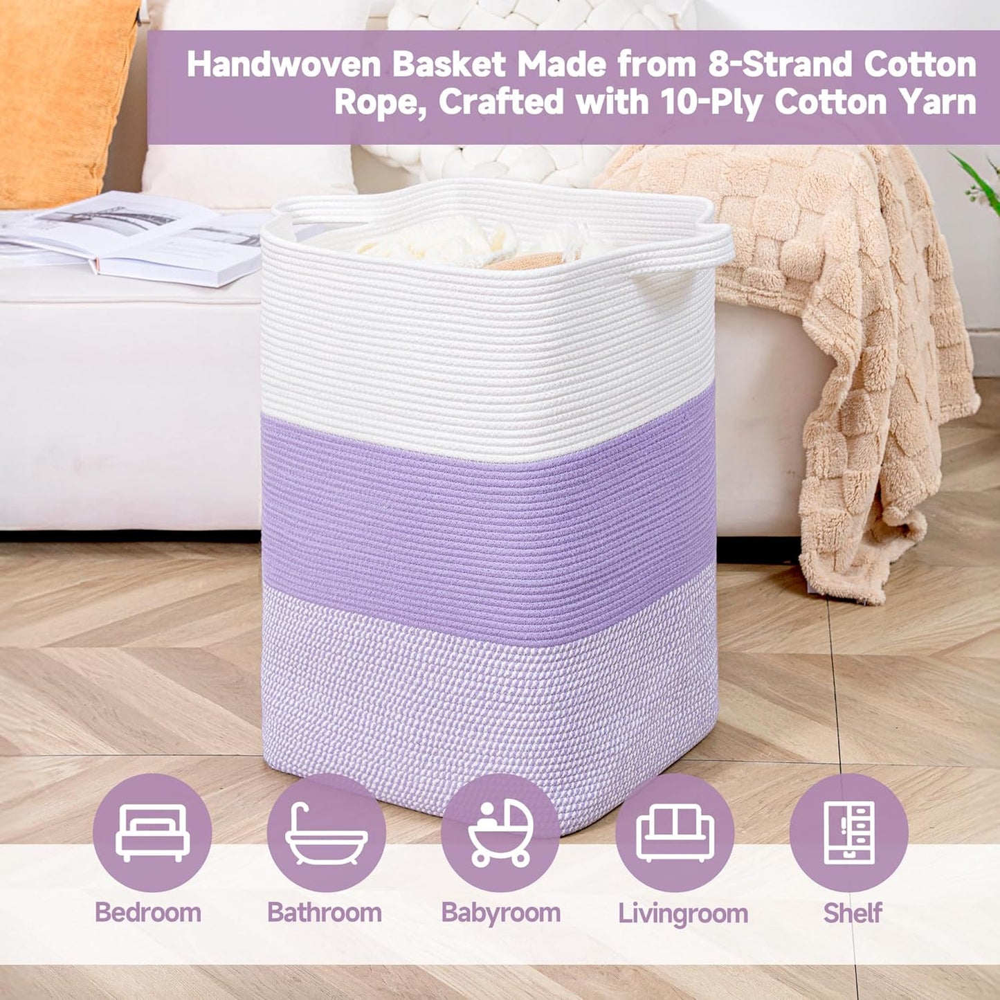 CLHMILY&Z 75L Laundry Basket Rectangular Lavender Rope - 16x13x22 Inches - Dirty Clothes and Soft Storage Bin for Blankets, Toys, and Nursery Essentials