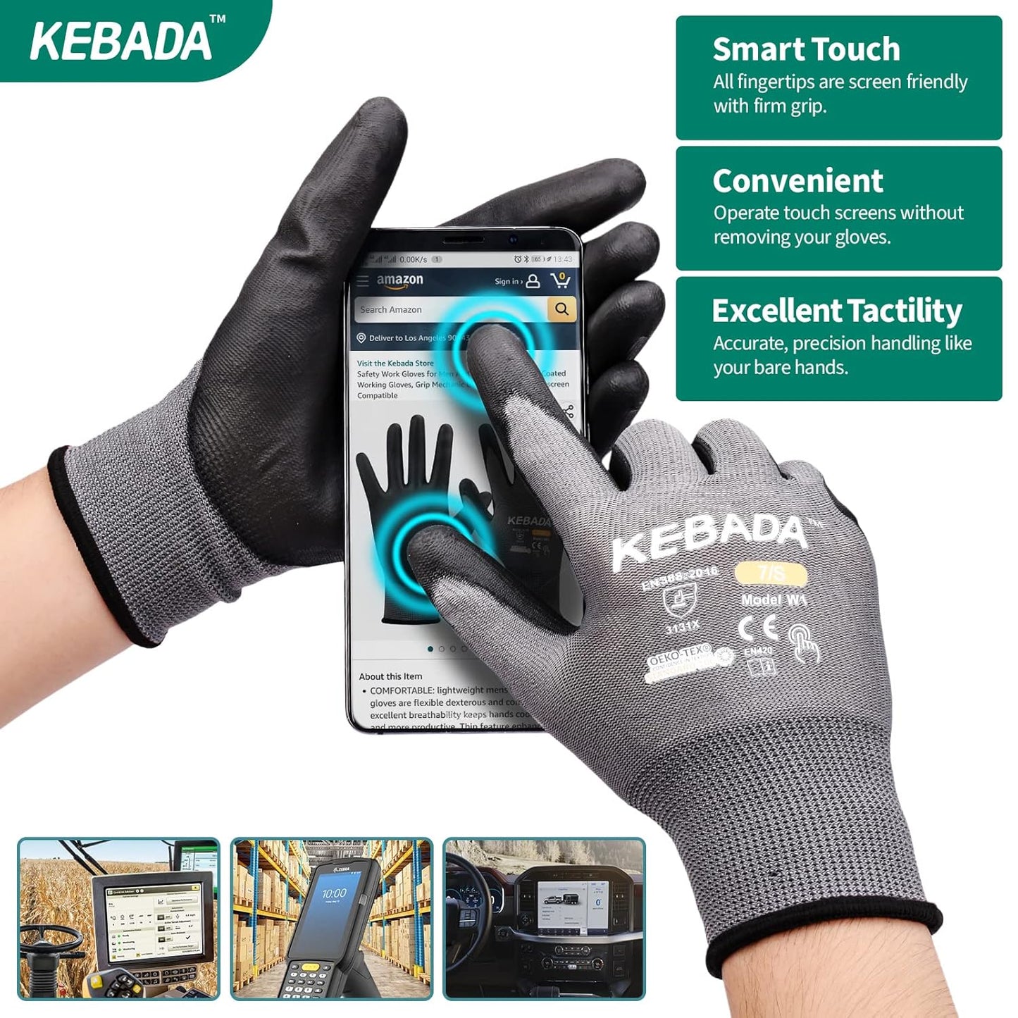 Kebada W1 Work Gloves for Men and Women, PU Coated Safety Gloves with Grip, Touchscreen, Ideal for Warehouse Package Handling, Construction, Gardening, 12 Pairs Gray Small