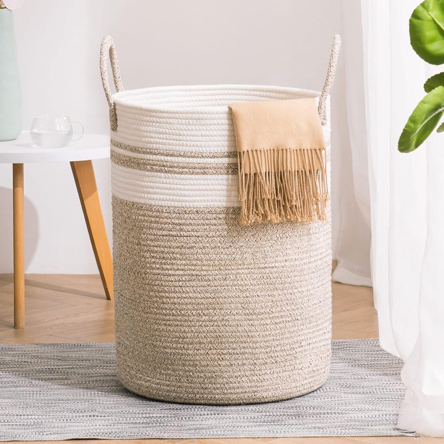 YOUDENOVA Woven Rope Laundry Hamper Basket, 58L Tall Laundry Basket for Blanket Organizer- Clothes Hamper for Bedroom Storage, Baby Kids Nursery Hamper-Large-Brown