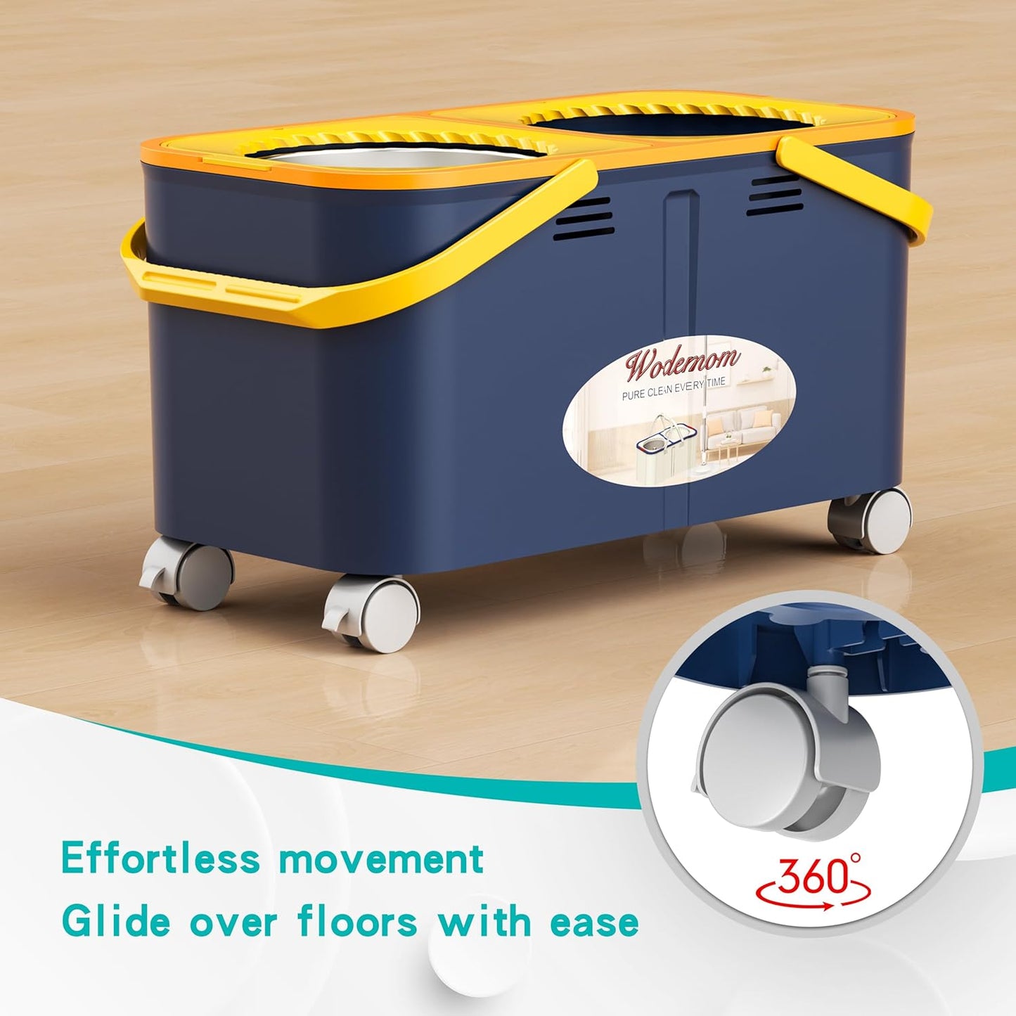 Mop and Bucket with Wringer Set for Home, Spin Mop and Bucket Separate Clean and Dirty Water, Mops for Floor Cleaning with 360°Swivel Wheels & 1 Reusable Microfiber Mop Heads- Blue/Yellow