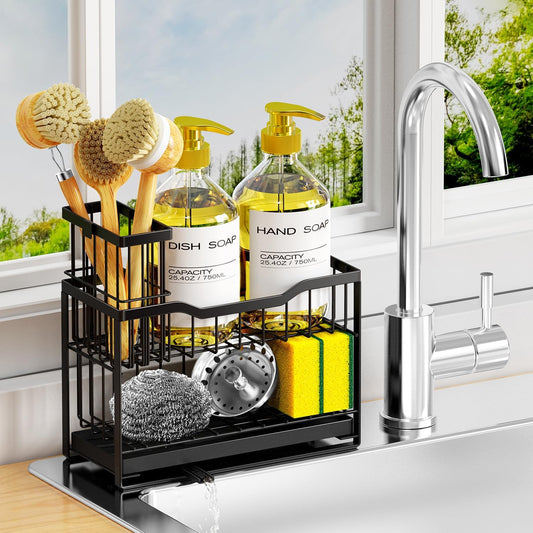 2-Tier Kitchen Sink Caddy with High Brush Holder&Self-Draining Tray,Rustproof&Non-Slip Sink Sponge Holder,Kitchen Countertop Storage Organizer,Soap Dispenser Storage - Black