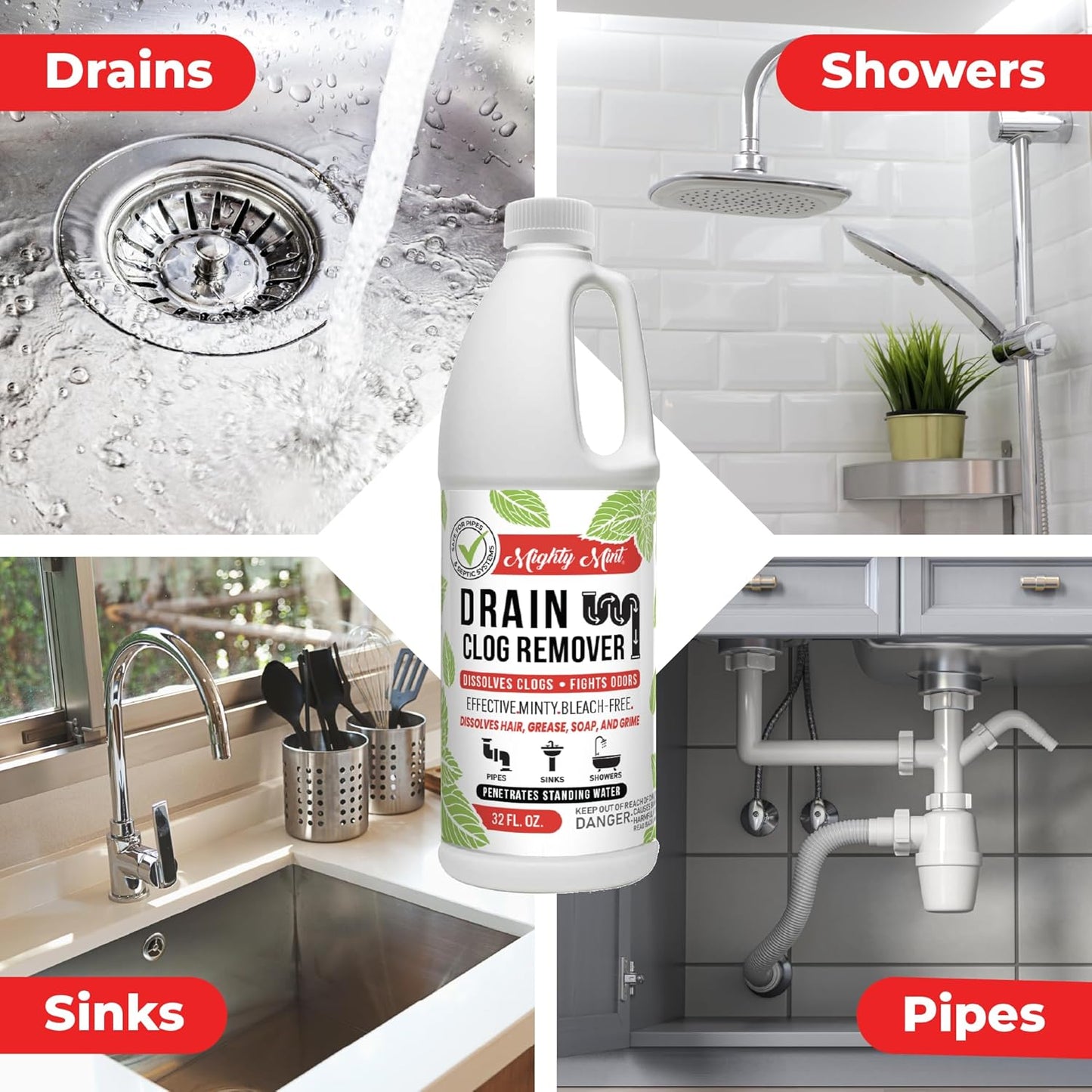 Mighty Mint Drain Clog Remover, Safe for Pipes and Septic, Dissolves Hair & Grease, Clears Blocked Drains and Deodorizes, Natural Mint Scent, 32oz