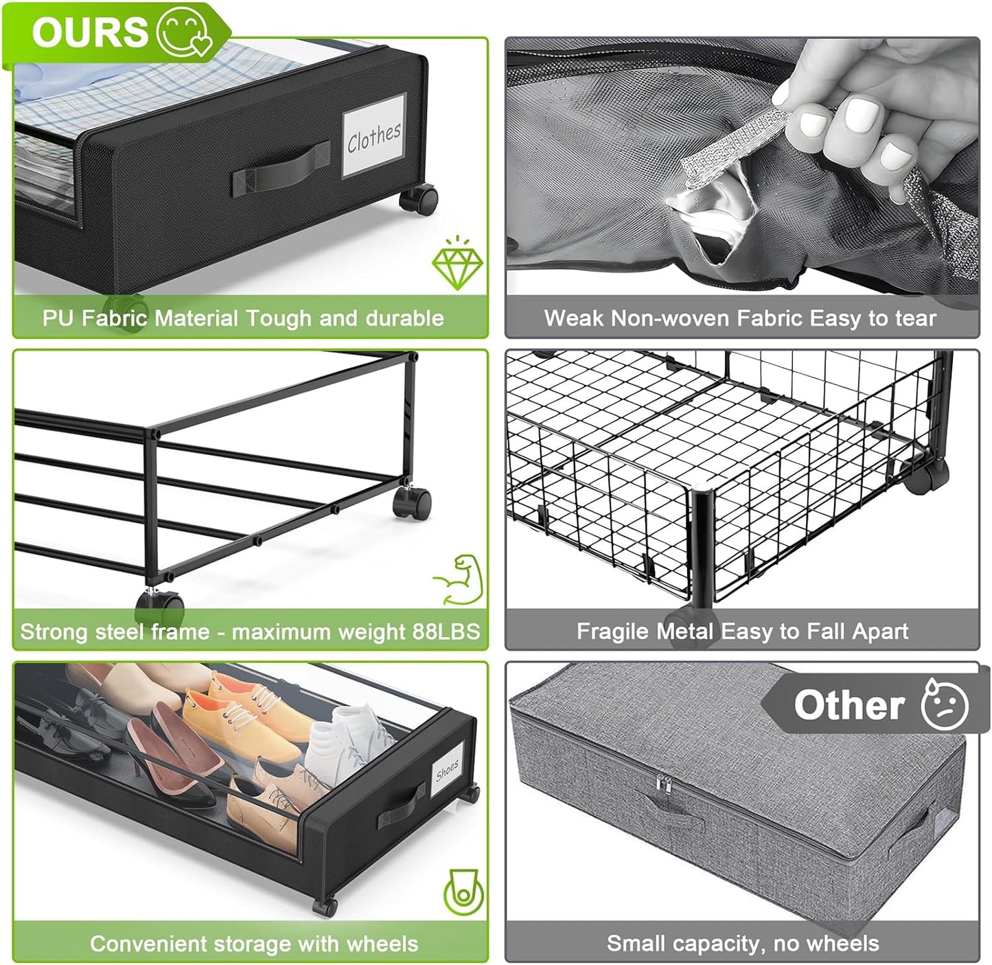 Under Bed Storage with Wheels, 4-Pack Under the Bed Storage Containers with Clear Lids & Label, Underbed Storage Bins, XXL 60L Rolling Metal Drawer for Clothes, Shoes, Toys, Books - Black