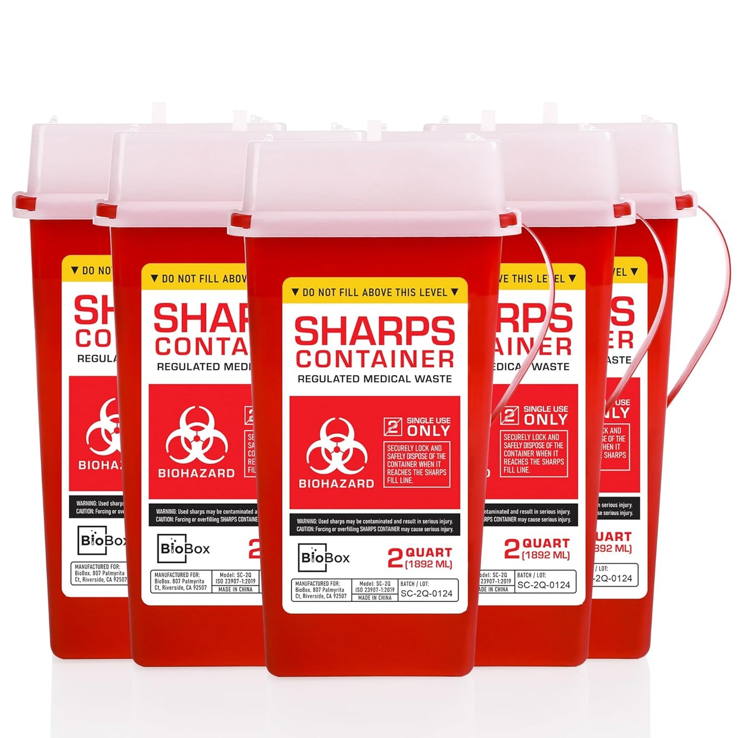 Sharps Container Large - Sharps Containers for Home Use and Labs - Portable Needle Disposal and Travel Size Biohazard Bin - 2 Quart (Pack of 5)