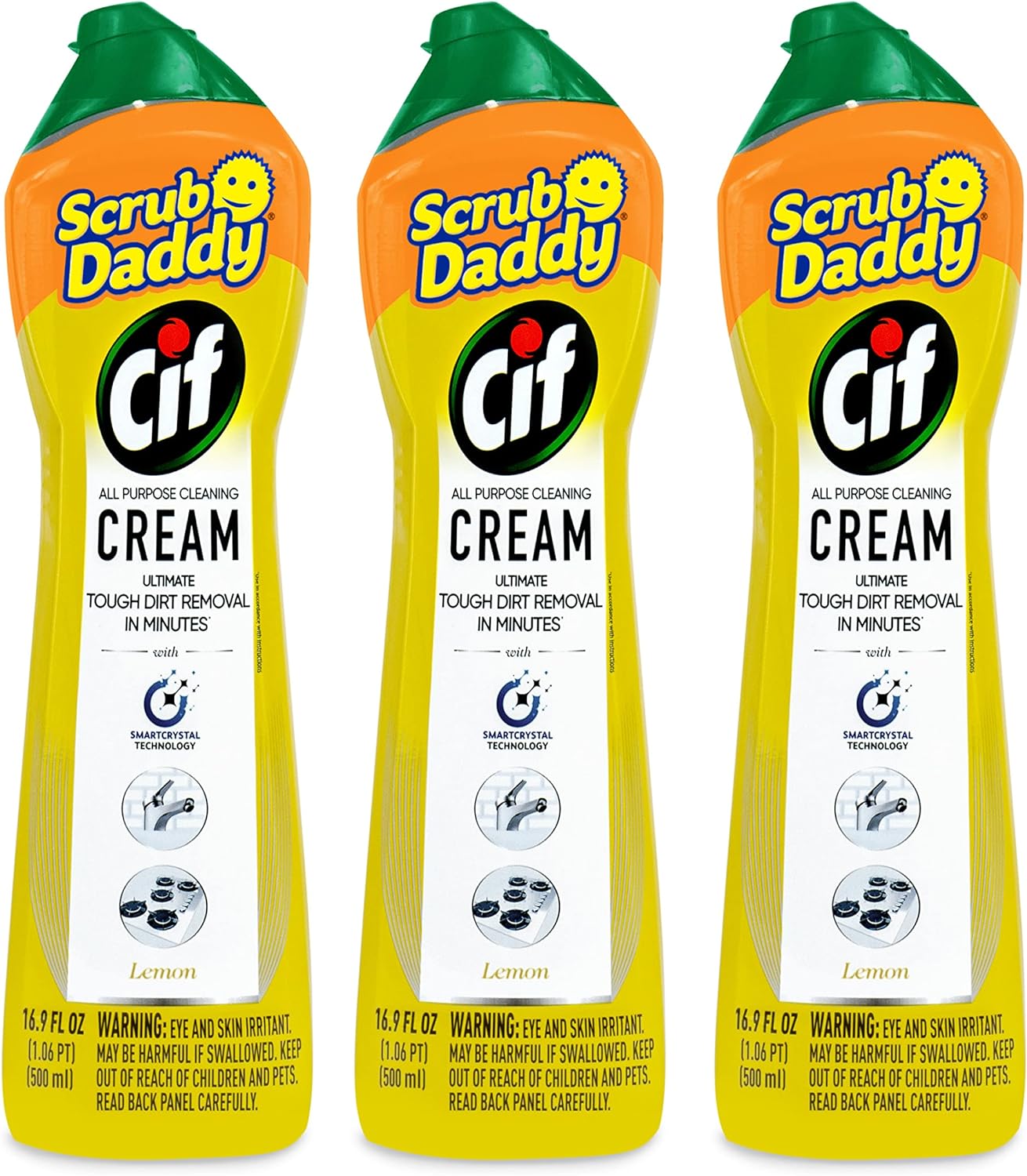 Scrub Daddy Cif Cream All Purpose Cleaner, Lemon - Multi Surface Household Cleaning Cream for Glass, Chrome, Granite, Sink, Gold, Marble & Countertops - 3 Pack (16.9 Oz Each)