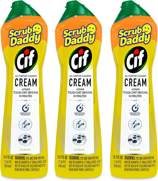 Scrub Daddy Cif Cream All Purpose Cleaner, Lemon - Multi Surface Household Cleaning Cream for Glass, Chrome, Granite, Sink, Gold, Marble & Countertops - 3 Pack (16.9 Oz Each)