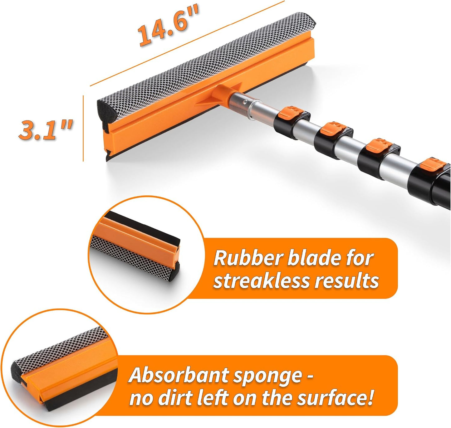 5-30 ft Window Washer Squeegee Kit with Extension Pole (36+ Foot Reach) // Long Handle Squeegee for Window Cleaning & Car Cleaning Multi-Use//Telescopic Professional Window Cleaning Squeegee for Home