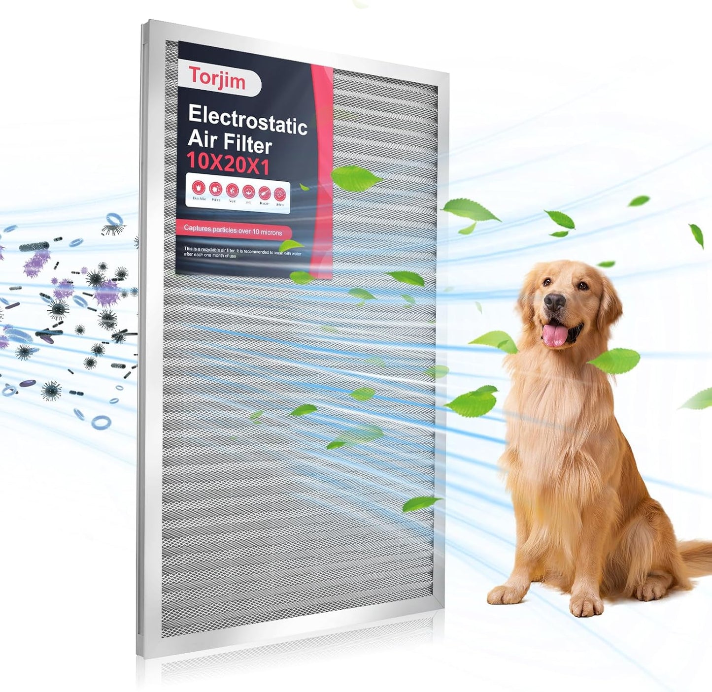 Torjim 10x20x1 MERV8 Air Filter, Washable & Reusable Electrostatic Filter, AC/HVAC Furnace Filter, Permanent Filter, Breathe Fresher, Easy Install