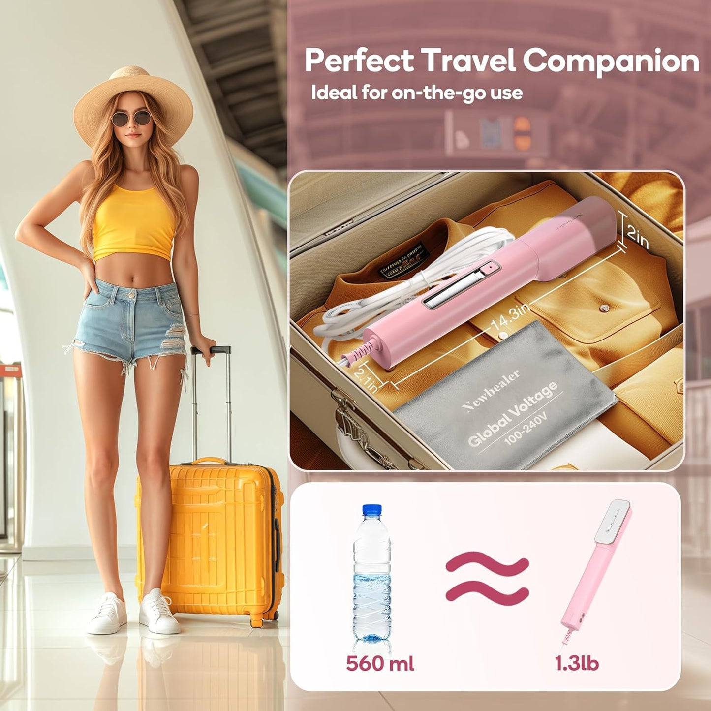 Newbealer 2in1 Travel Iron with Global Voltage, 100-240V Clothes Steamer, Dry Ironing & 2 Steam Levels, Non-Stick Ceramic Soleplate, Fabric Wrinkle Remover, Auto-off, Self Cleaning, No Clamp (Pink)