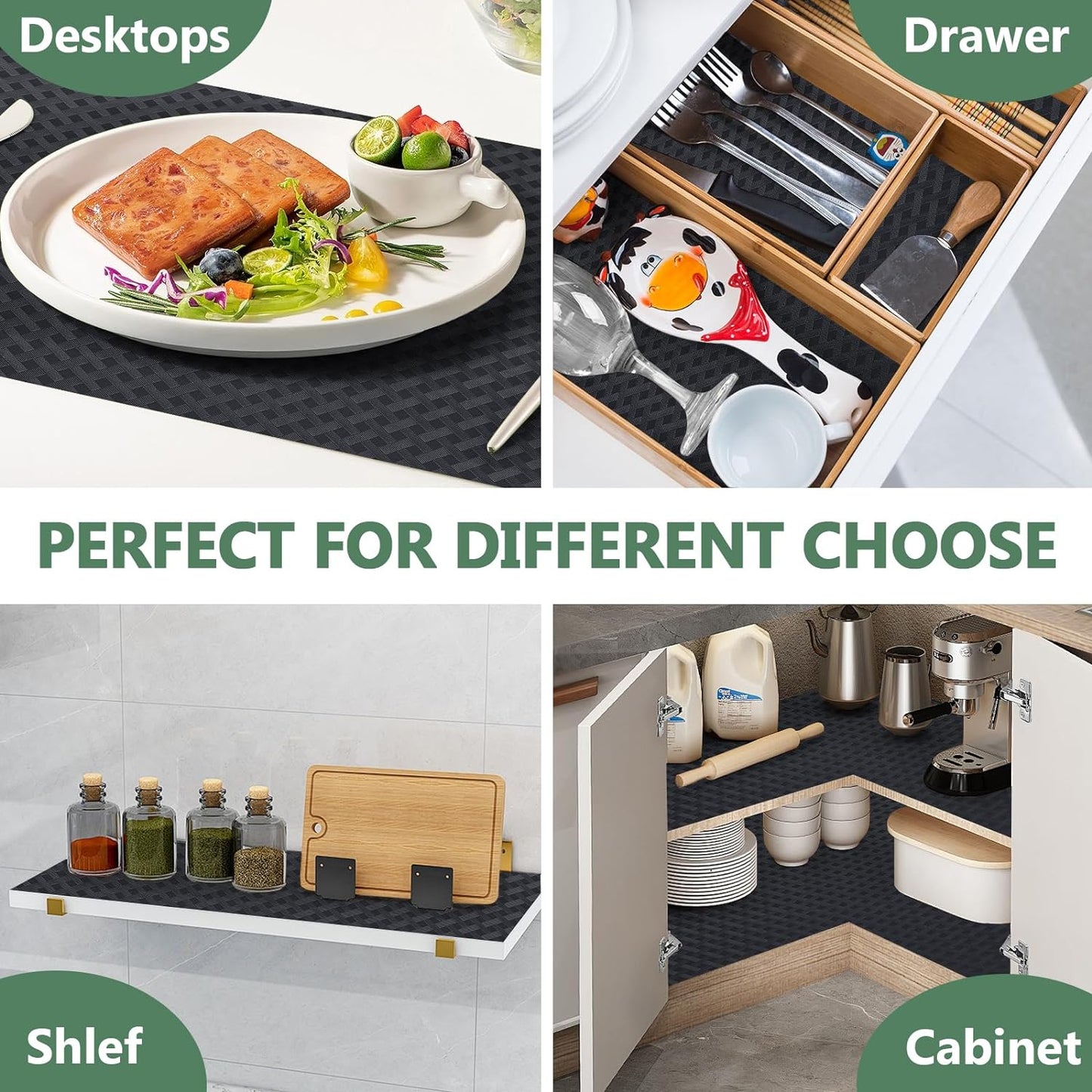 Shelf Liners, Non-Adhesive Drawer Liner, Waterproof & Oil-Proof Kitchen Cabinet Cupboard Liner Plastic EVA Material BPA Free Fridge Liner Mats Paper Protector for Shelves (Black/16in x 240in)