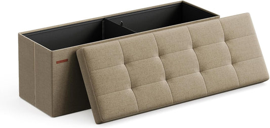 SONGMICS MAZIE Collection - 43 Inches Folding Storage Ottoman Bench, Ottoman Foot Rest, End of Bed Bench, Storage Chest, Load 660 lb, for Living Room, Bedroom, Entryway, Camel Brown ULSF077R01