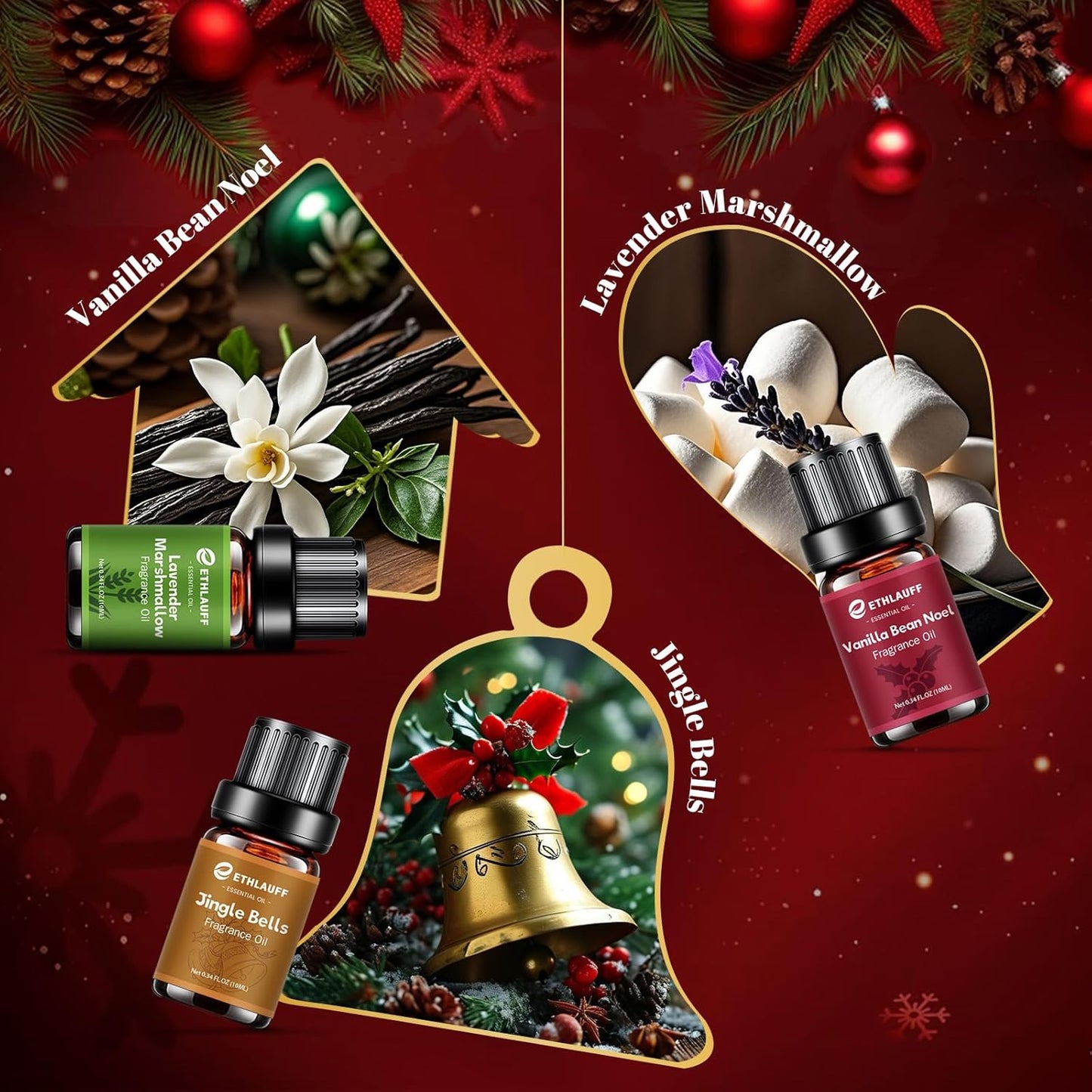 Essential Oils Set,Jingle Bells, Christmas Wreath, Christmas Tree, Christmas Spice, Vanilla Bean Noel, Lavender Marshmallow