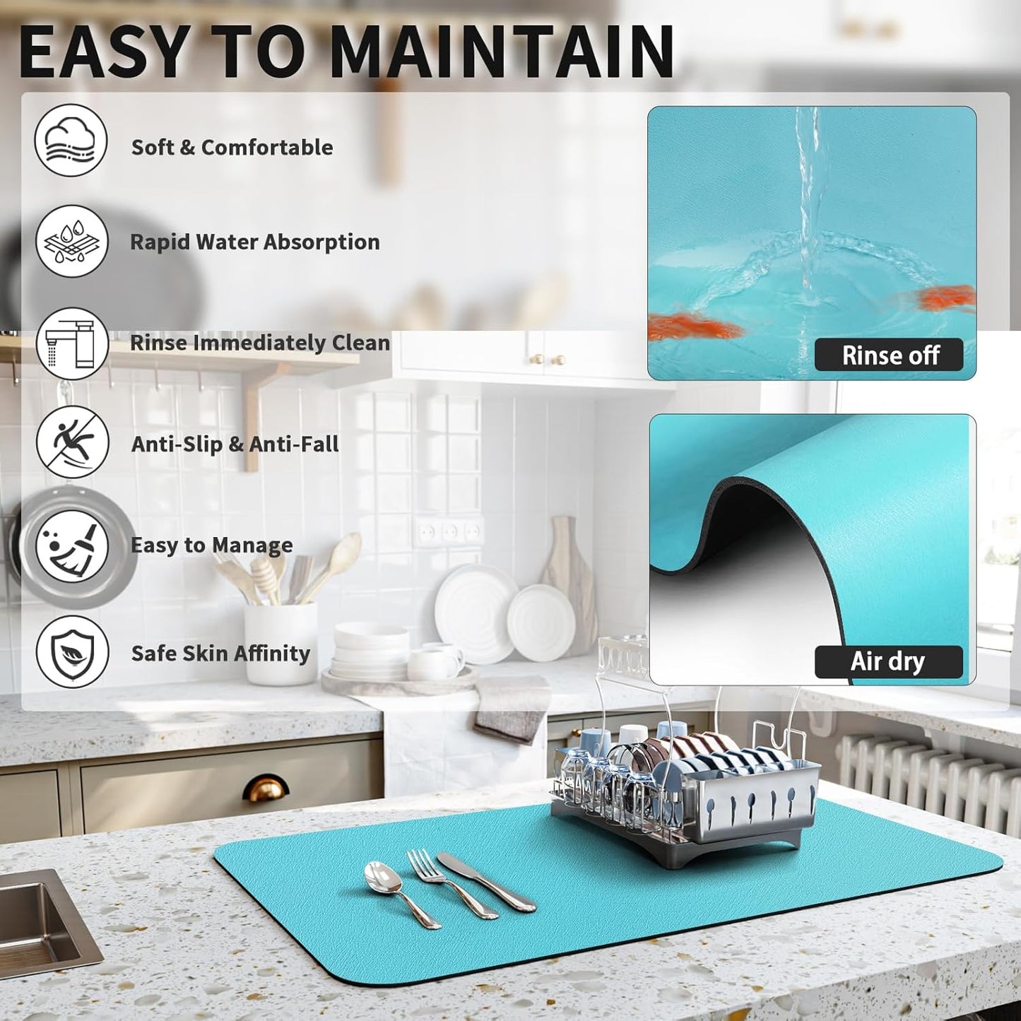 Dish Drying Mat for Kitchen Counter, Heat Resistant Drainer Mats with Non-slip Rubber Backed, Hide Stain Kitchen Super Absorbent Draining Mat, Easy to Clean Dish Rack Pad, Teal 18"x32"
