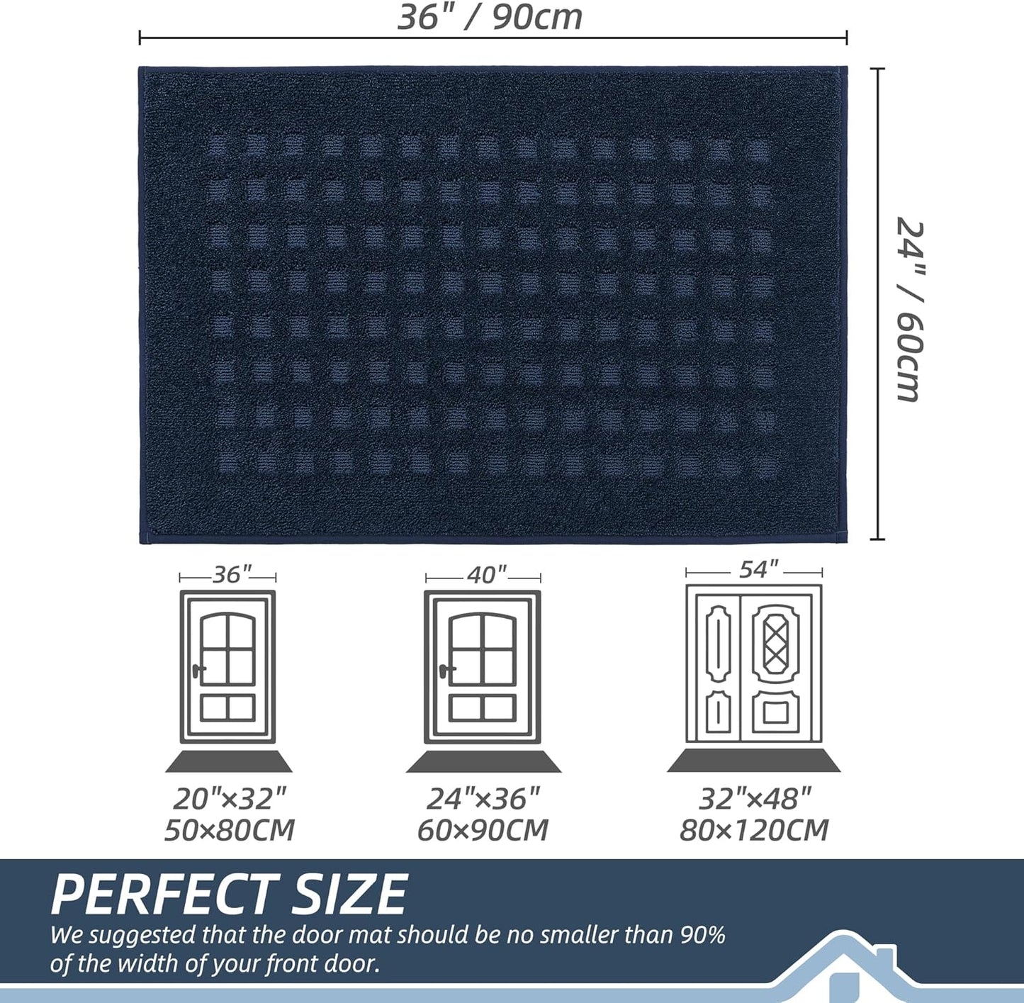 BEQHAUSE Waffle Door Mats Indoor 24"x36", Dog Mat for Muddy Paws Absorbent and Dirt Resist Floor Mats Non-Slip Washable Rugs for Entryway, Welcome Mat for Front Back Door, Muddy Wet Shoes, Navy Blue