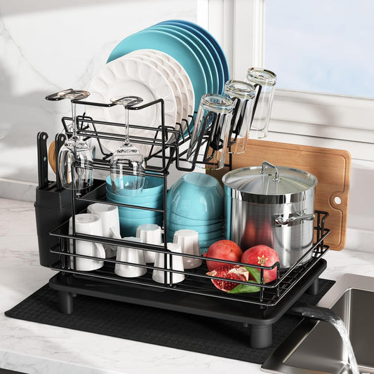 JASIWAY 2 Tier Black Large Stainless Steel Dish Drainers Drying Rack for Kitchen Counter with Drainboard, Rust Proof Metal, Space Saving, Modern Aesthetic, Compact Plates Strainers with Extra Mat