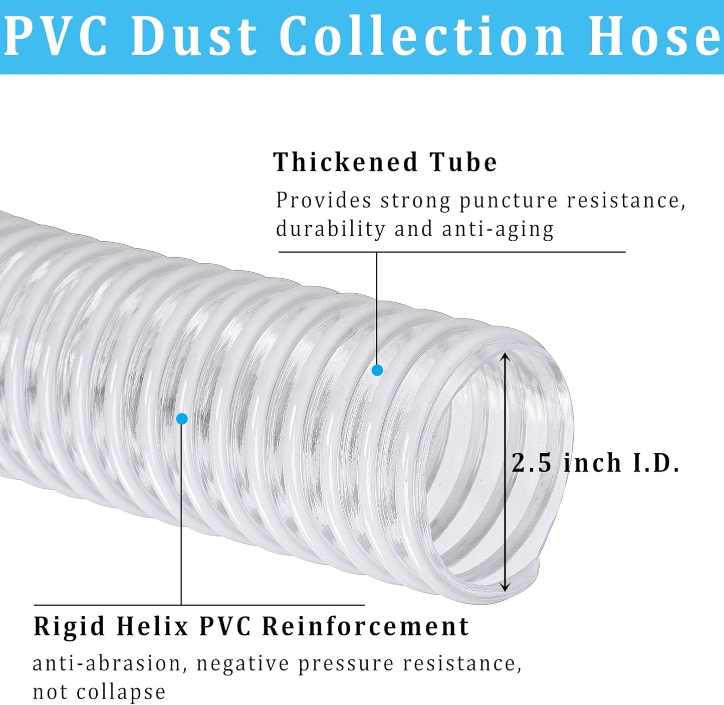 Dust Collection Hose 2-1/2 in × 20 ft Heavy Duty Clear Flexible PVC Reinforced Thicken Helix Suction Discharge Corrugated Pipe Hose for Fume Dust Collector Fitting Wood Chip Saw (2.5 inch hose)