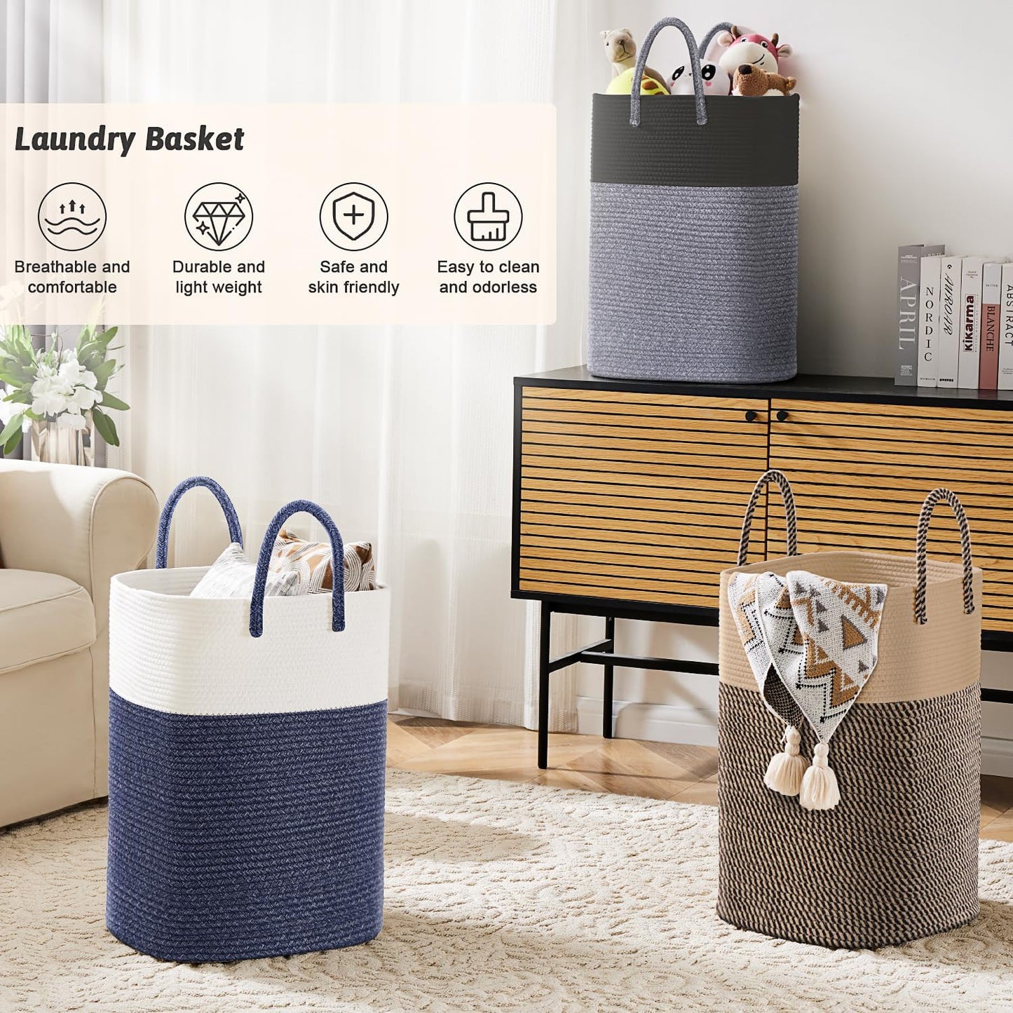 Laundry Basket,Woven Cotton Rope Laundry Hamper,Versatile Storage for Dirty Clothes,Baby Toys,and Blankets in Bathroom, Nursery,and Living Room (Jute, 100L)