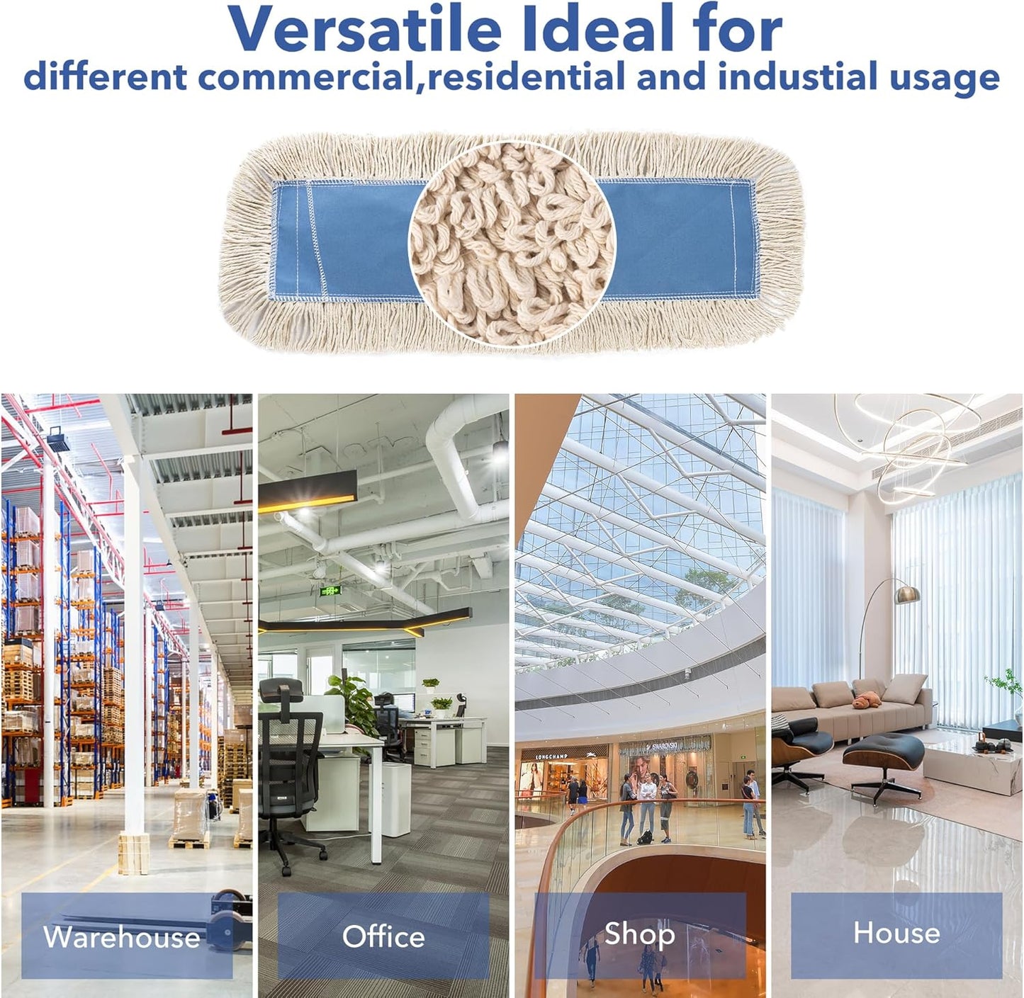 MATTHEW CLEANING 24'' Industrial Strength Cotton Dust Mop Refill Washable Replacement Heads For Residential & Commercial Use Fit Standard Dust Mop Frames, Hardwood,Concrete Floors Blue&White Pack of 6