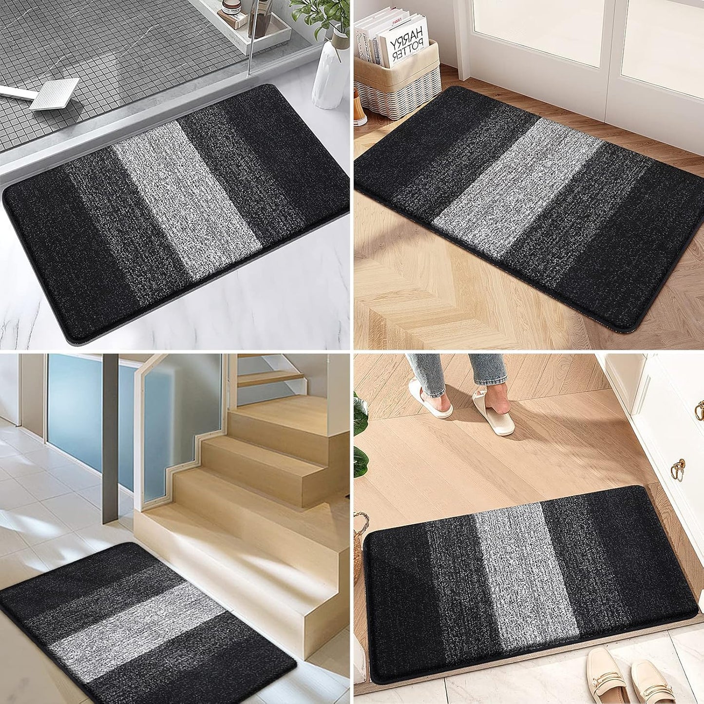 Kitinjoy Indoor Outdoor Door Mat, 36x24 Non-Slip Absorbent Dirt Trapper, Low-Profile Washable Inside Entrance Front Floor Mat, Sturdy Soft Entry Doormats for Entryway, Black
