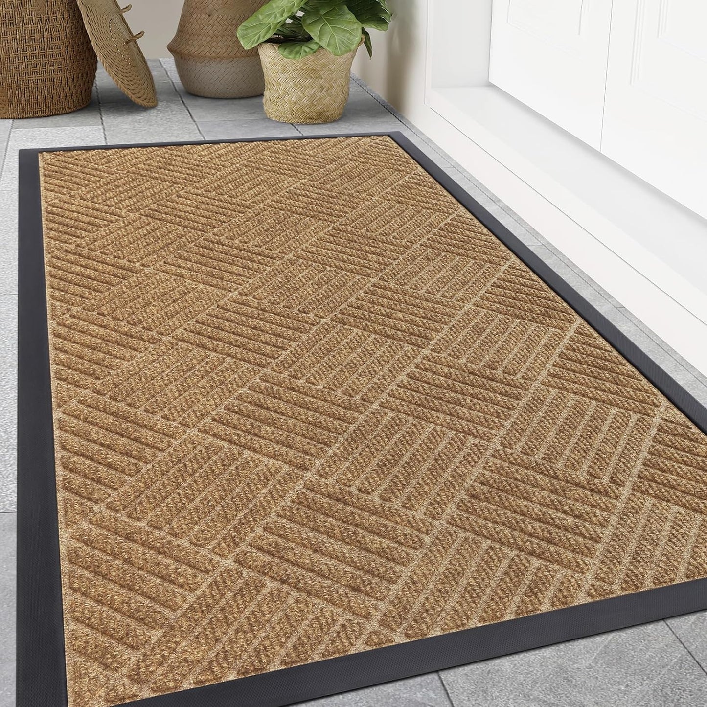 Smiry Front Door Mat Outside Entrance, Heavy Duty Outdoor Indoor Natural Rubber Doormat, Non Slip, Trap Dirt and Moisture, Easy Clean, Low Profile Patio Porch Entryway Mat, 47x32, Coffee