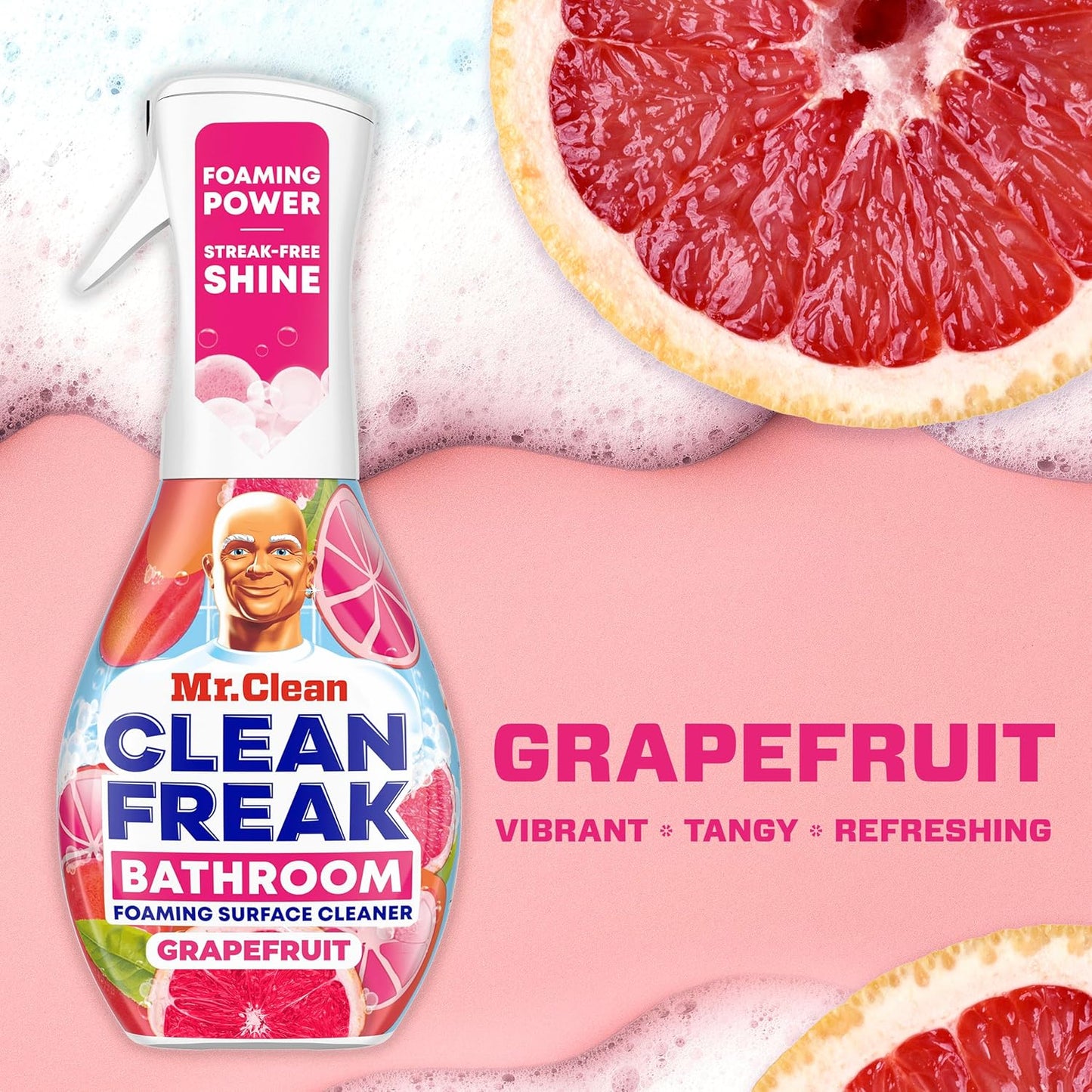 Mr. Clean Clean Freak Foaming Bathroom Surface Cleaner Multi-Surface Spray Starter Kit and Refill Bundle, Grapefruit Scent, 64 fl oz