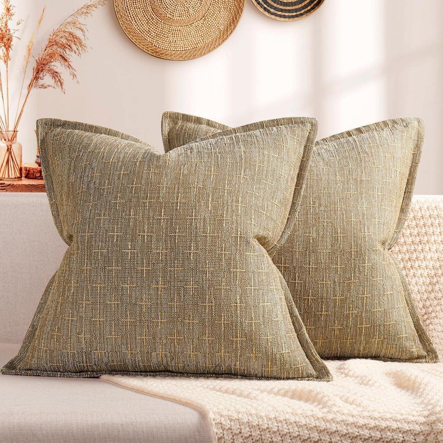 ZWJD Pillow Covers 16x16 Set of 2 Soft Polyester Textured Pillow Covers with Stylish Flange Edge Cozy Farmhouse Throw Pillows for Couch Bed Sofa Living Room