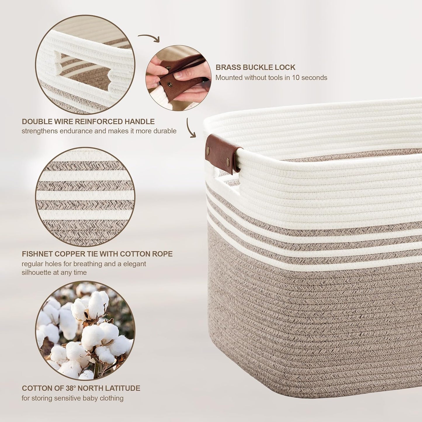 72L Large Laundry Basket with Leather Handles for Living Room Storage, Woven Rope Baskets Bin for Blanket, Kids Toy, Gifts, Wicker Hamper for Bedroom Dirty Clothes, 22"x17"x12" White Brown