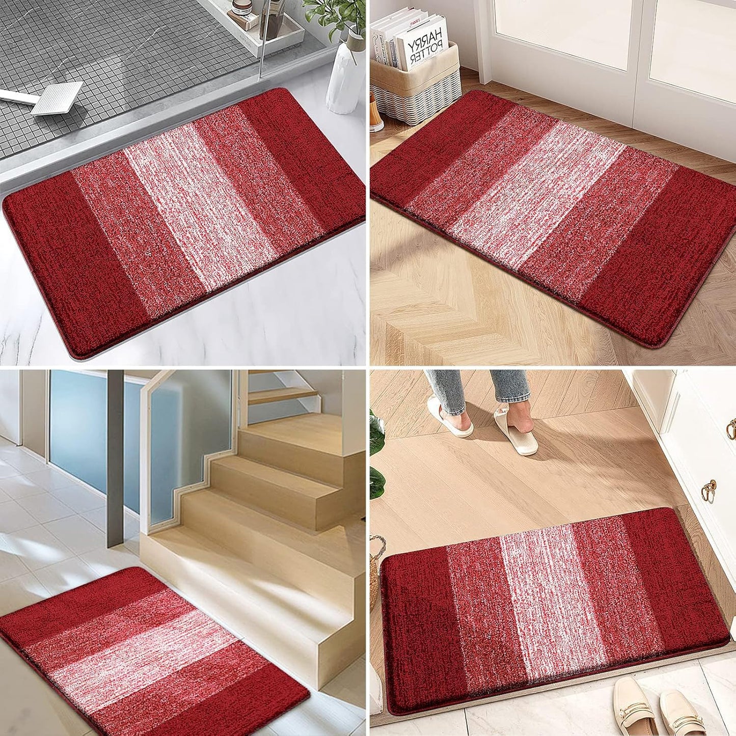Kitinjoy Indoor Outdoor Door Mat, 48x32 Non-Slip Absorbent Dirt Trapper, Low-Profile Washable Inside Entrance Front Floor Mat, Sturdy Soft Entry Doormats for Entryway, Burgundy