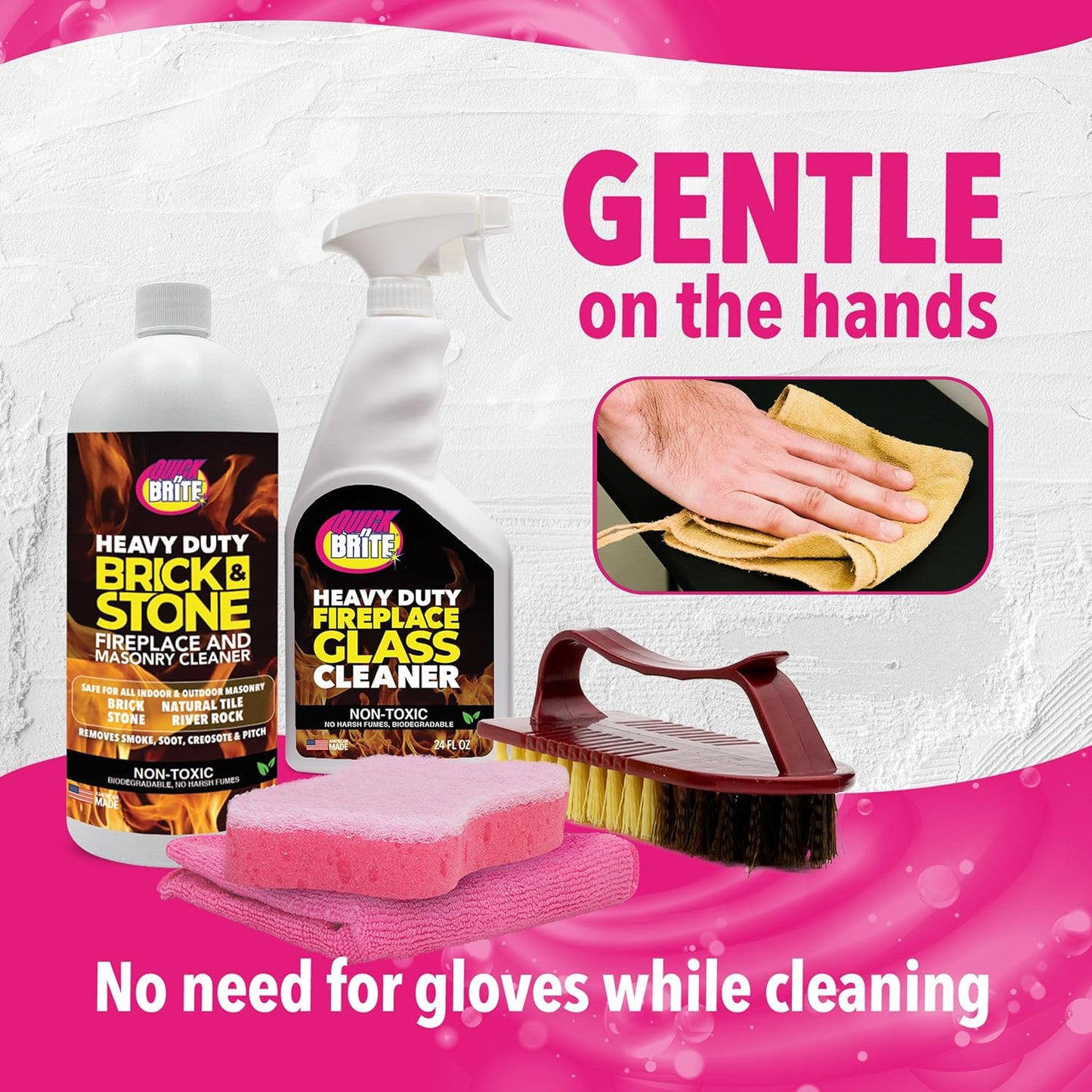 Quick N Brite Fireplace Cleaning Kit – Includes 24 oz Fireplace Glass Cleaner, 32 oz Gel Fireplace Cleaner, Scrub Brush, Sponge and Microfiber Towel
