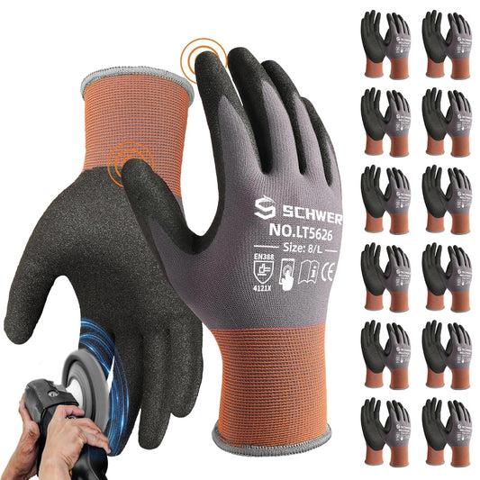 Schwer 12 Pairs Safety Work Gloves with Sandy Nitrile Coating , A1 Cut Resistant Heavy Duty Working Gloves with Grip for Men and Women, Ideal for General Use, Mechanic, Construction, Gardening, L