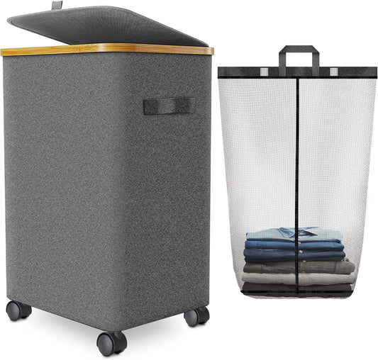 Laundry Hamper with Wheels,20 Gal (75L) Laundry Basket with lid Rolling Clothes Hamper Foldable Dirty Clothes Basket on wheels with Bamboo Frame and Bag for Bedroom, Dorm, Laundry Room-Grey