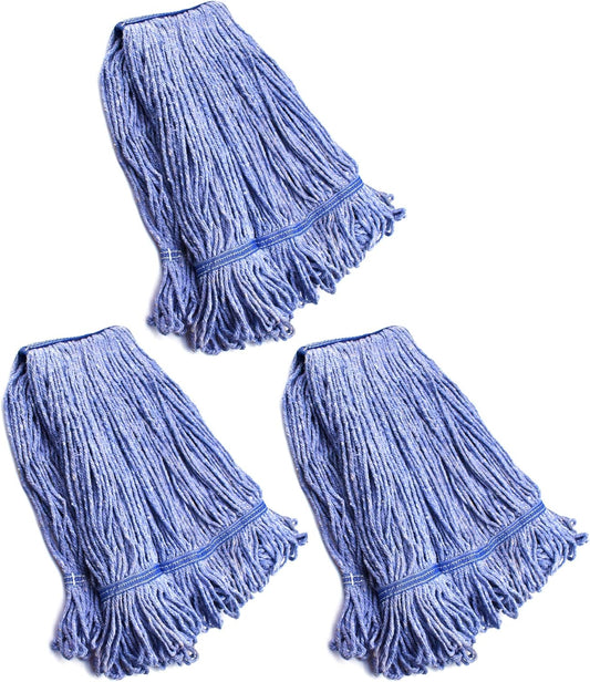 String Mop Heads Replacement Heavy Duty Commercial Grade Blue Cotton Looped End Wet Industrial Cleaning Mop Head Refills (3, Large)