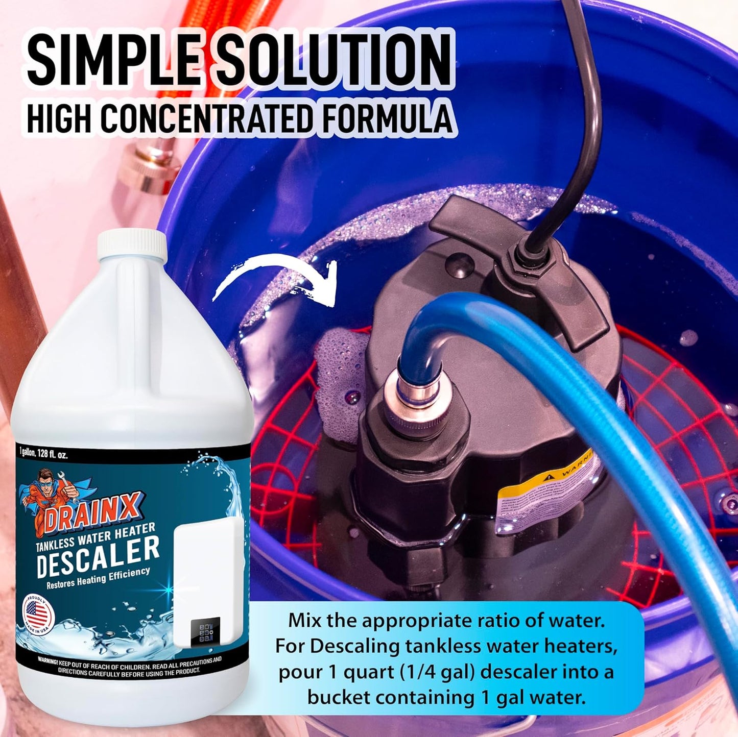 DrainX Tankless Water Heater Descaling Solution | Highly Effective Descaler Restores Heating Efficiency, Gallon, 128 fl oz