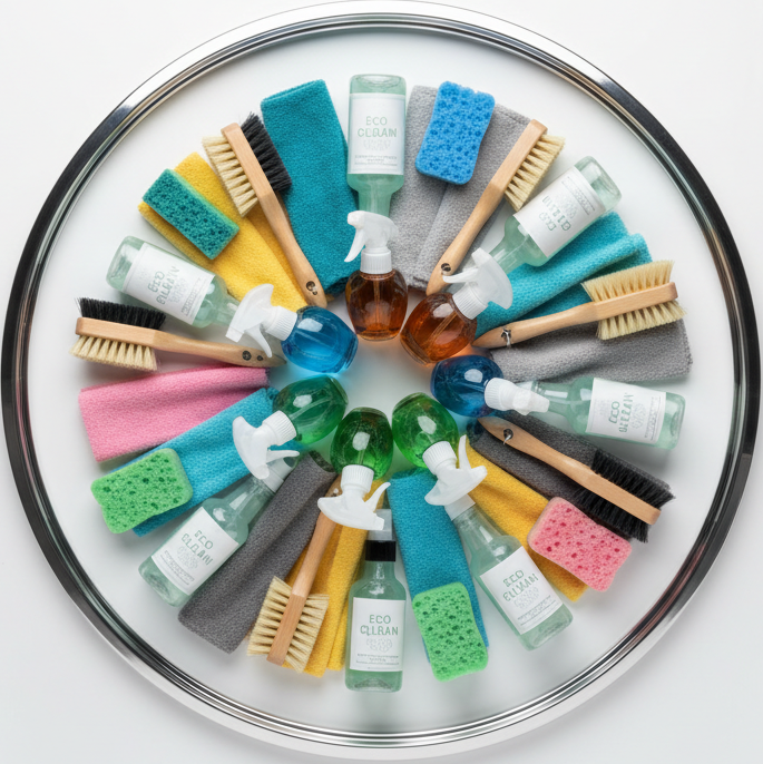 circle photo of cleaning supplies, make a real photo